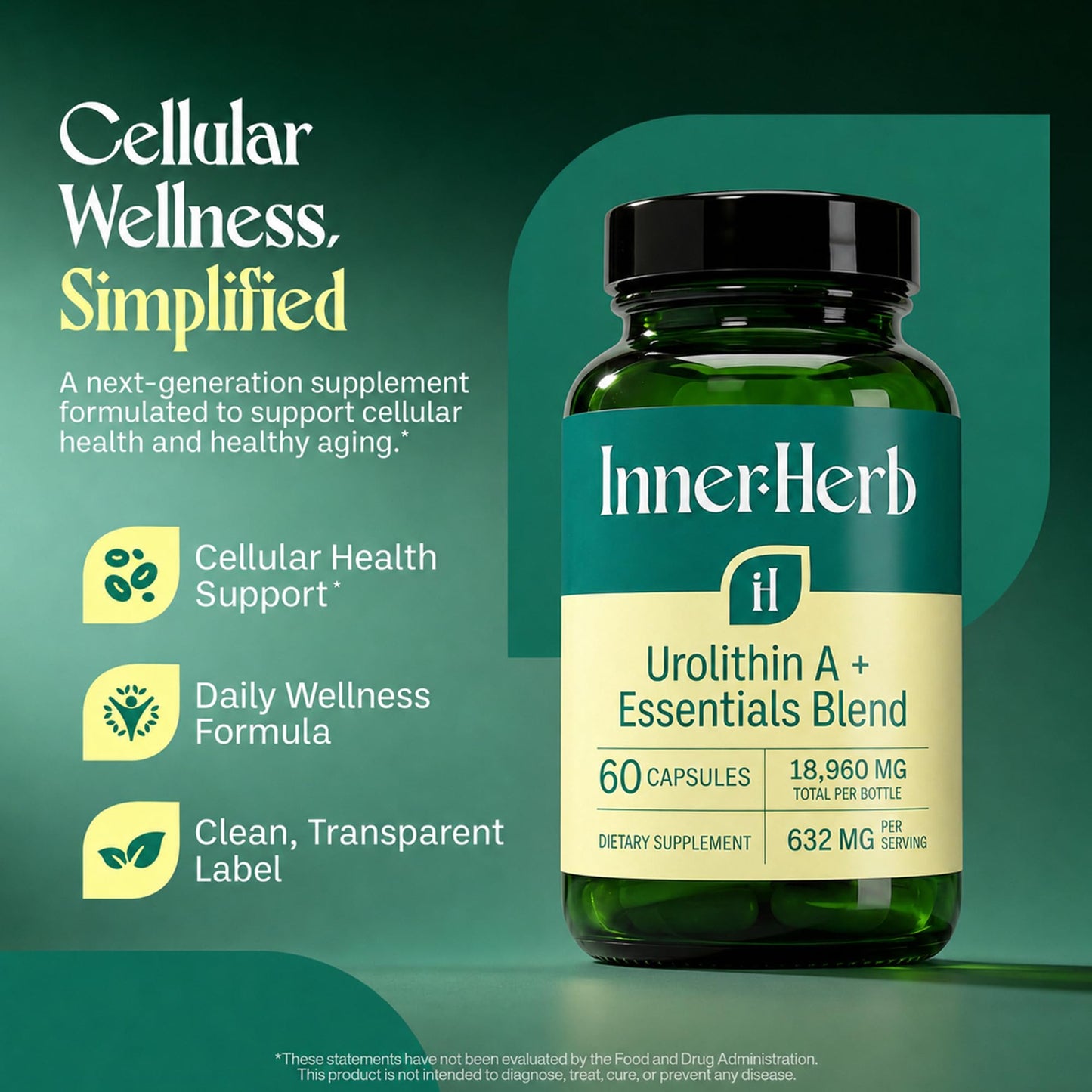 InnerHerb Urolithin A 632mg with NMN, NR, PQQ & Magnesium Bisglycinate, Mitochondrial & Cellular Energy Support, NAD+ Booster Supplement, 60 Vegan Capsules