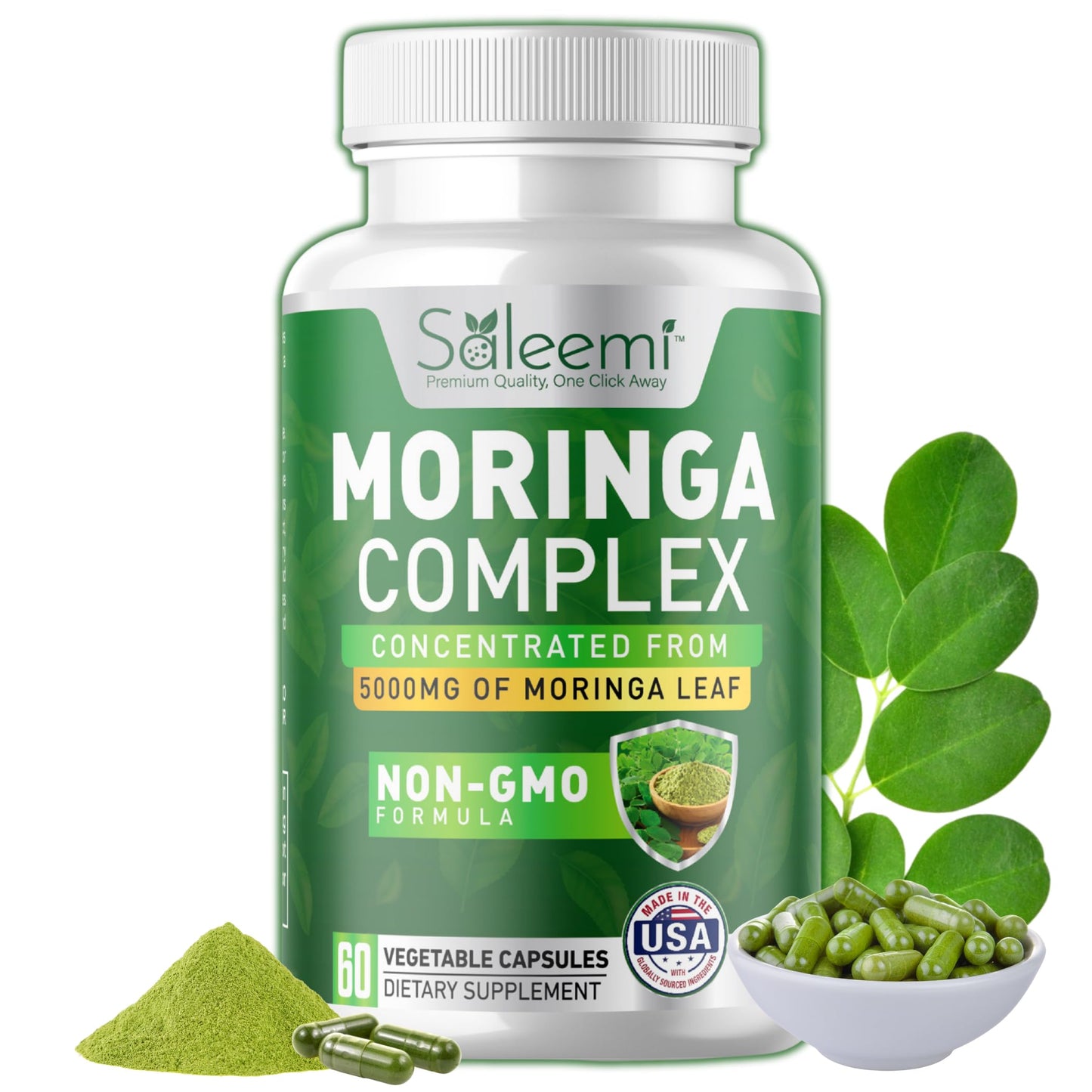SALEEMI Moringa Capsules – Premium Moringa Oleifera Leaf & Seed Extract, Green Superfood for Energy, Immunity & Vitality, Plant-Based & Non-GMO, 60 Vegan Capsules