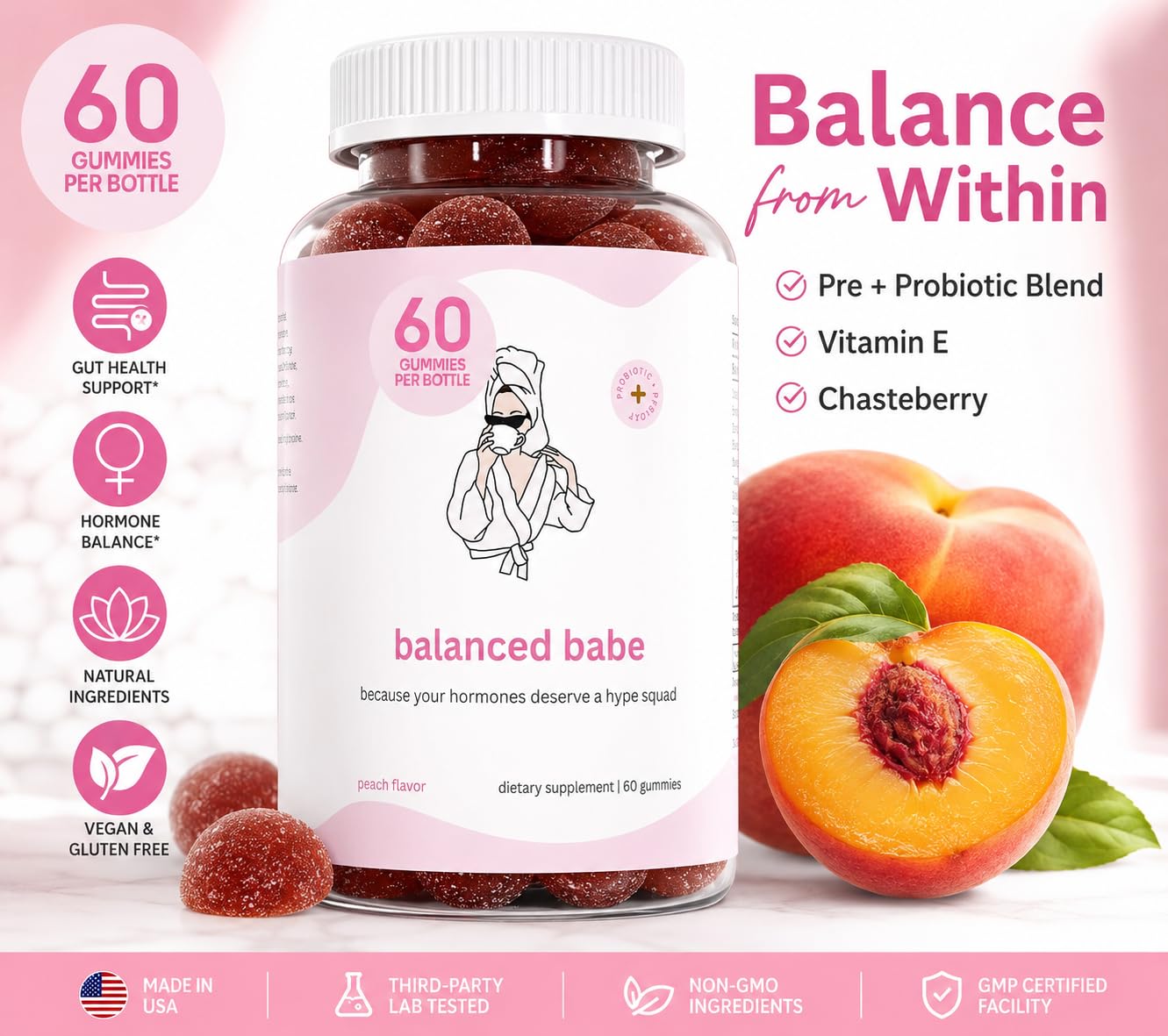 Balancing Act Balanced Babe Women’s Probiotic Gummies with Prebiotic, Apple Cider Vinegar, LactoSpore®, DE111®, Vitamin B6 and Vitamin E, 60 Gummies