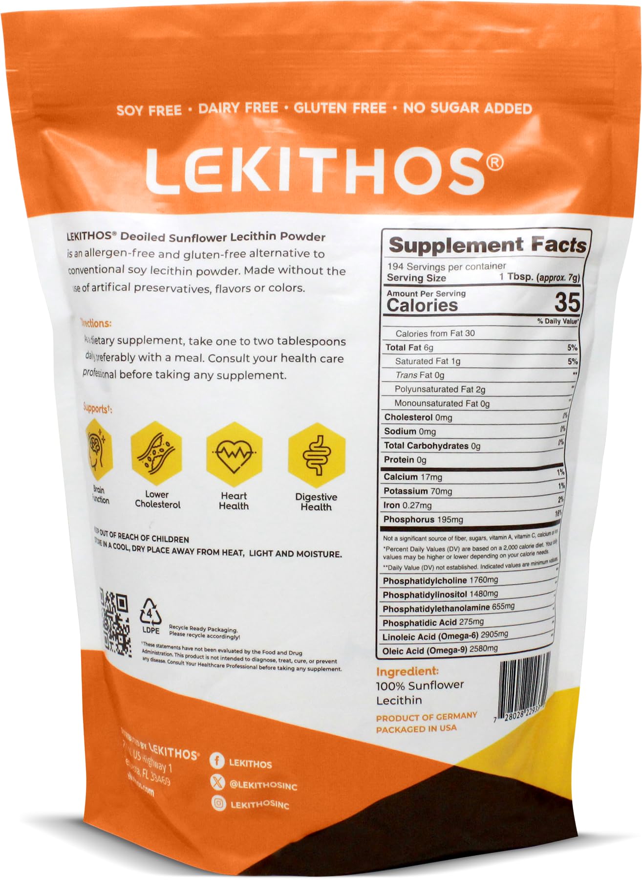Lekithos Sunflower Lecithin Powder (Deoiled) 48 oz