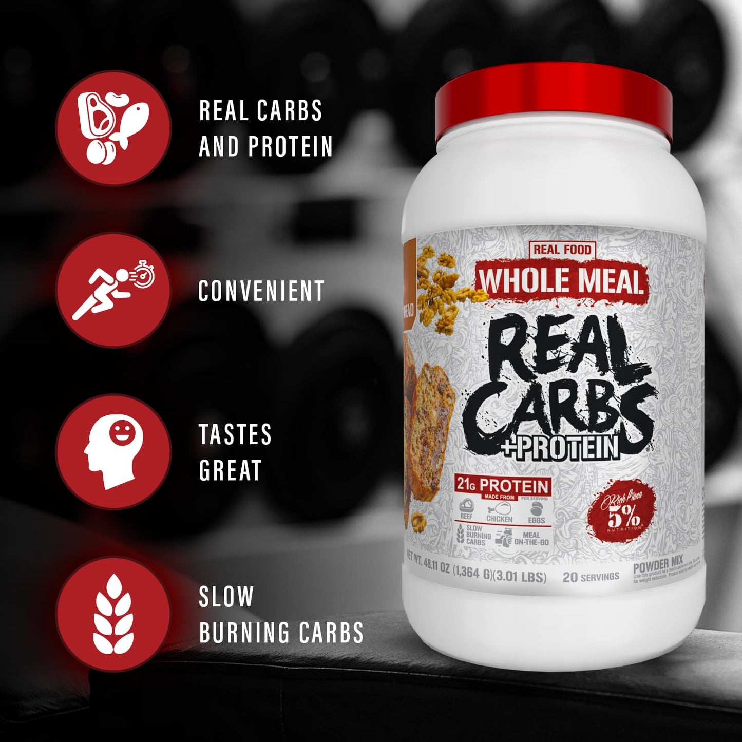 5% Nutrition Rich Piana Real Carbs + Protein Clean Mass Gainer Meal Replacement Protein Powder Banana Nut Bread, 3 lb, 20 Servings