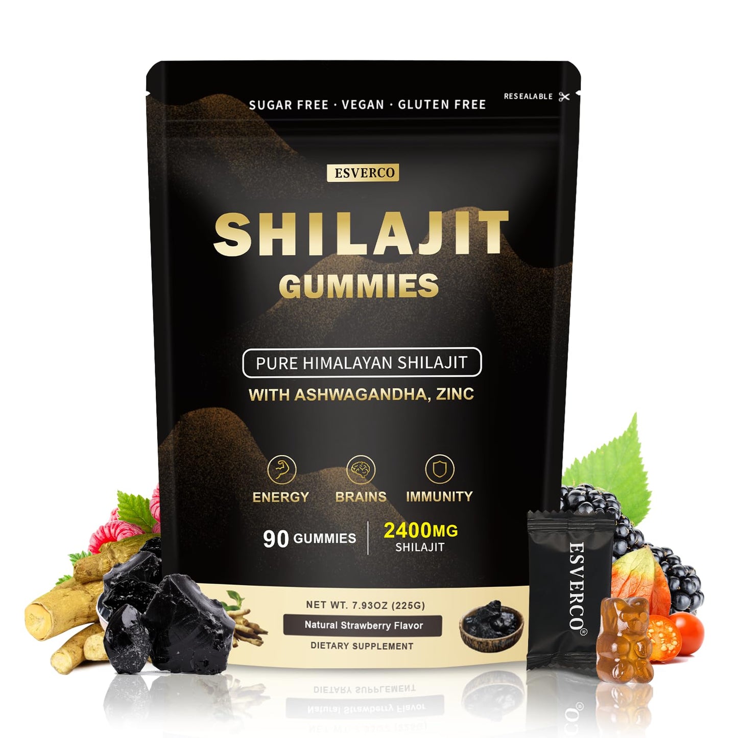 esverco Shilajit Gummies 2400mg Supplement for Adults Strawberry flavor Gummy 90 Count