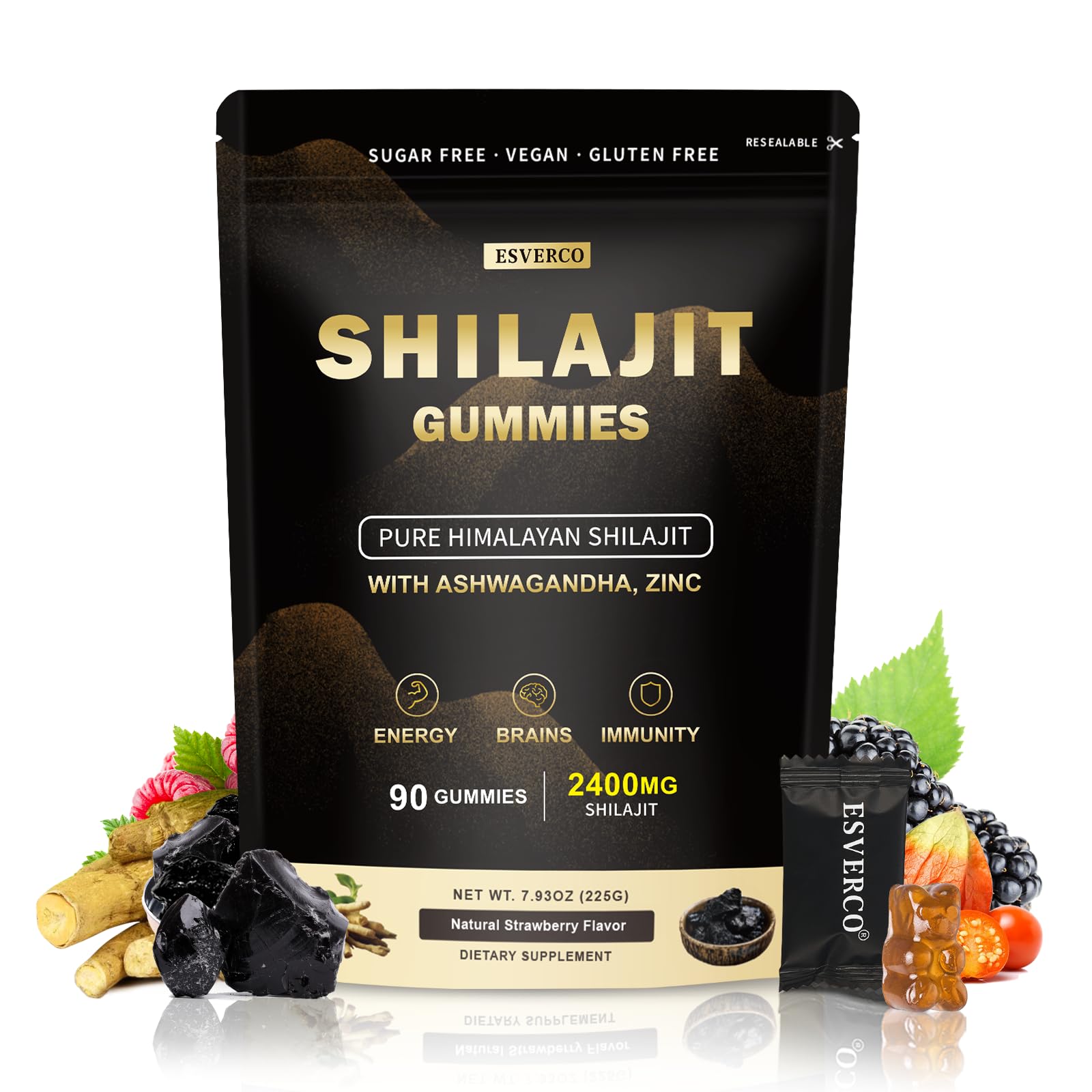 esverco Shilajit Gummies 2400mg Supplement for Adults Strawberry flavor Gummy 90 Count