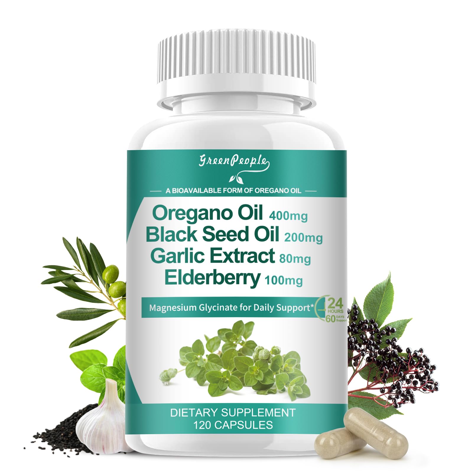 GREENPEOPLE Organic Oregano Oil Capsules – 11-in-1 Blend with Black Seed Oil, Elderberry, Garlic, Olive Leaf, Magnesium & Black Pepper for Absorption – Immune, Respiratory & Digestive Support – Vegan, Non-GMO, 120 Capsules