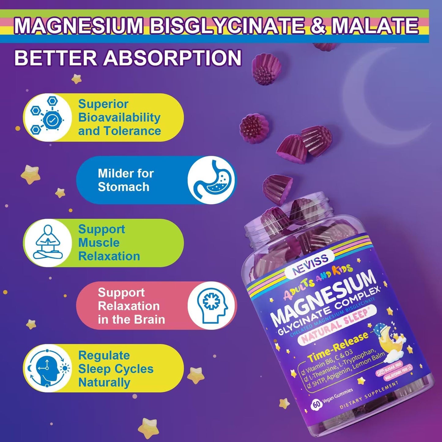 NEVISS Magnesium Glycinate Gummies, 60 Count