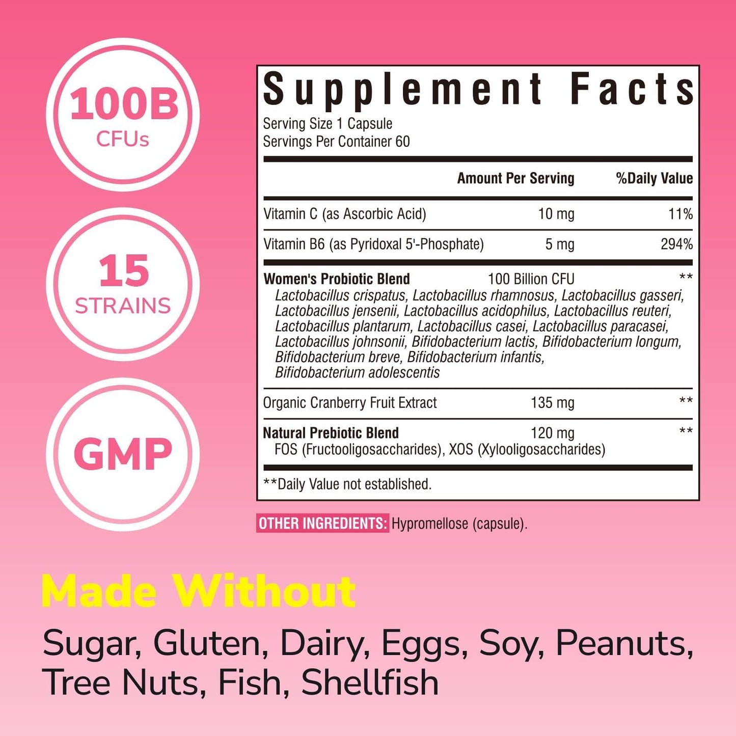 Vitalibre Probiotics for Women 100 Billion CFU 15 Strains, DailyProbiotic & Prebiotic Supplement with Organic Cranberry to Support Vaginal, Digestive, Immune Health, Shelf Stable, 60 Capsules