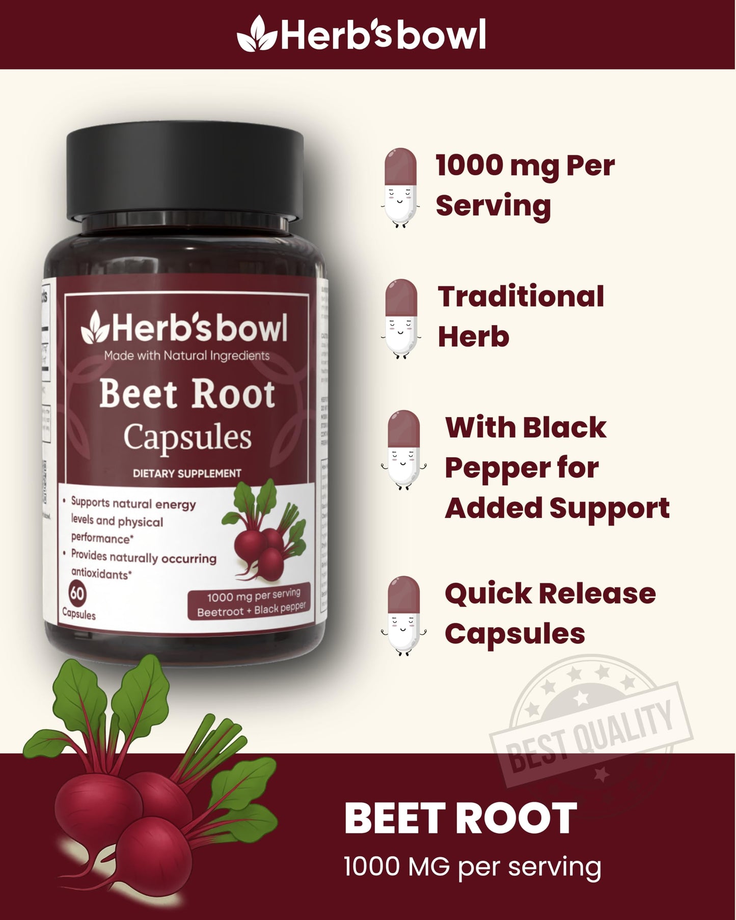 Herb'sbowl Beet Root Capsules, 1000 mg per Serving, with Black Pepper, Natural Energy Support, 60 Capsules