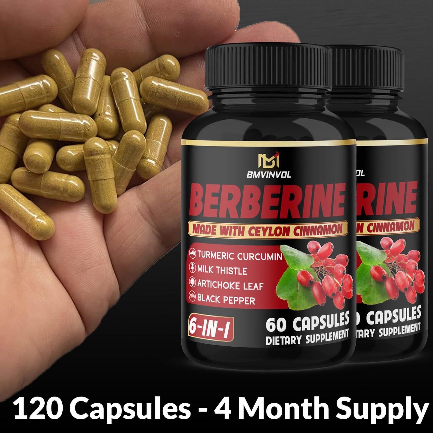 BMVINVOL Berberine Supplement Plus Ceylon Cinnamon and Turmeric 120 Capsules