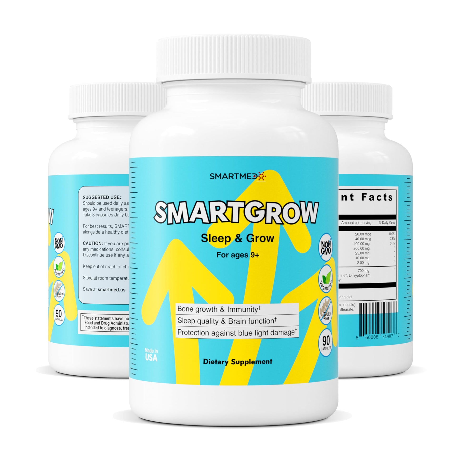 SMARTMED SmartGrow Premium Growth Formula for Teens – Bone, Brain, Sleep & Eye Support – Calcium, Vitamin D3, Amino Acids + Herbal Blend – Daily Wellness Supplement, 90 Capsules