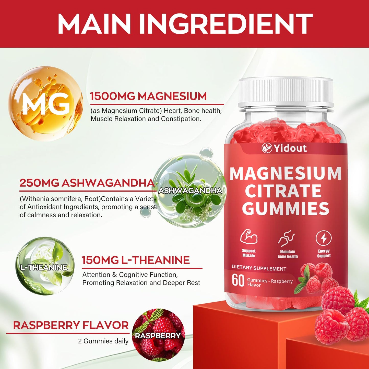 Yidout High Absorption Magnesium Gummies for Adults, Raspberry Flavor, Vegan, Non-GMO, 60 Count