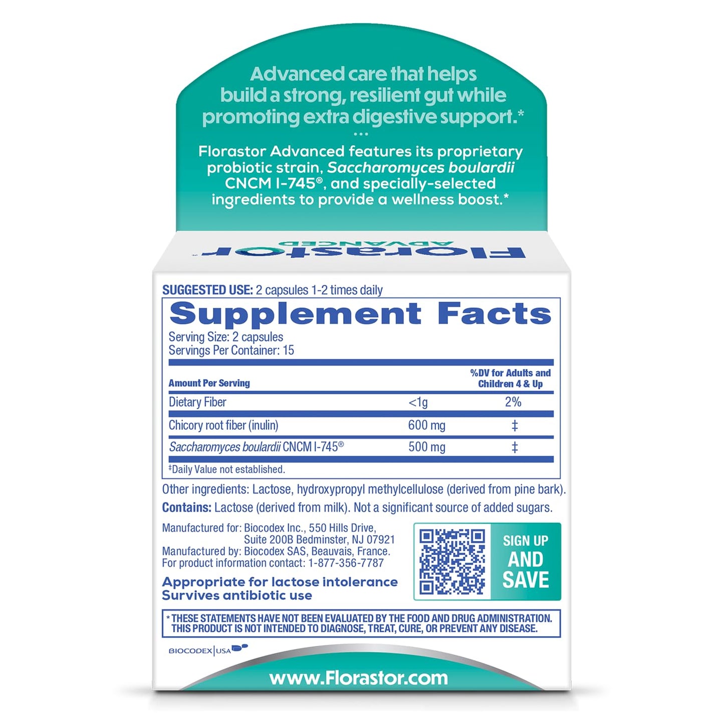 Florastor Advanced Pro+Pre Daily Probiotic and Prebiotic Supplement for Women and Men Capsules, 60 Count