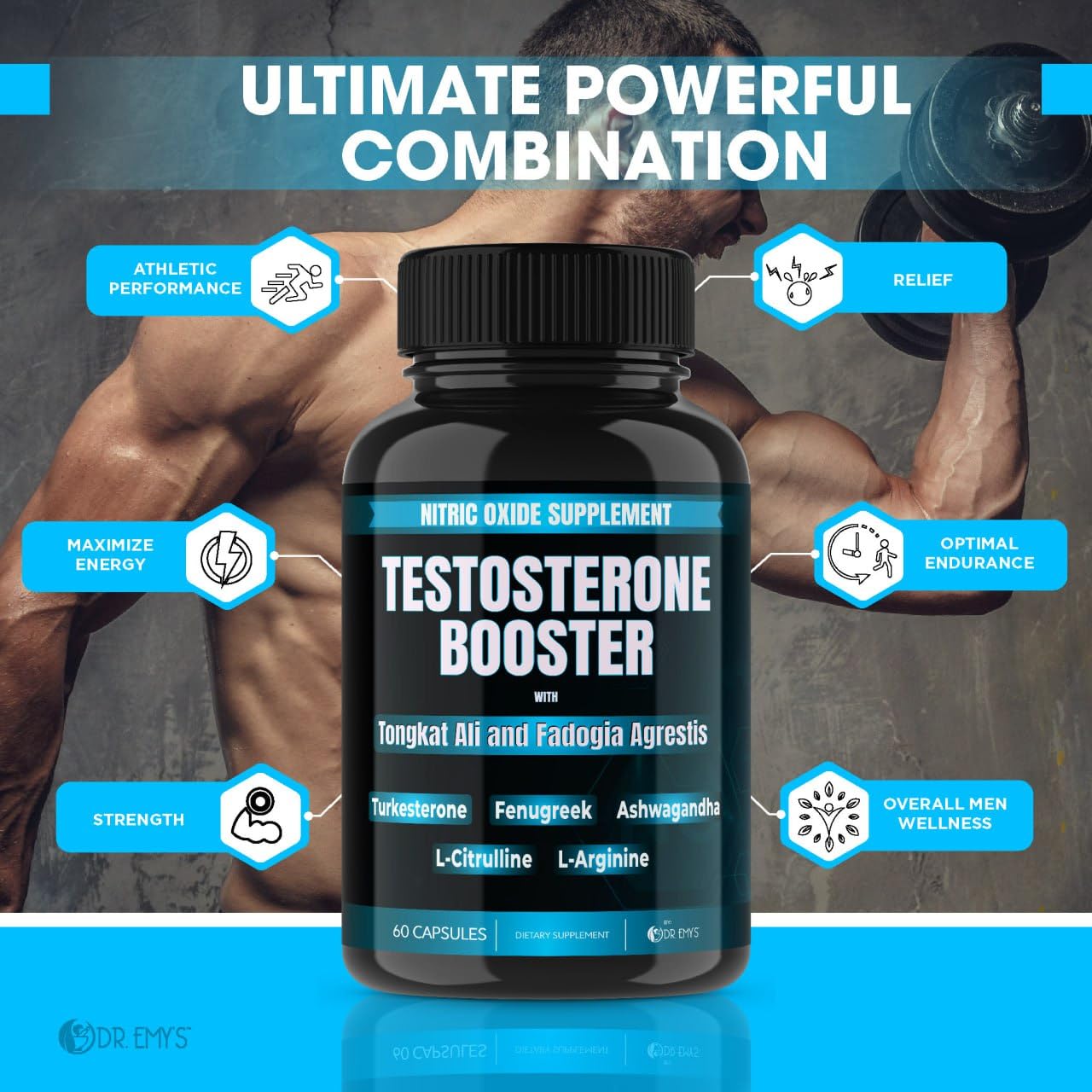 Dr. Emy's Testosterone Booster with Tongkat Ali, Fadogia Agrestis, Nitric Oxide, Ashwagandha, L-Arginine, Citrulline, Fenugreek, Turkesterone Pre-Workout Capsules, 60 Count