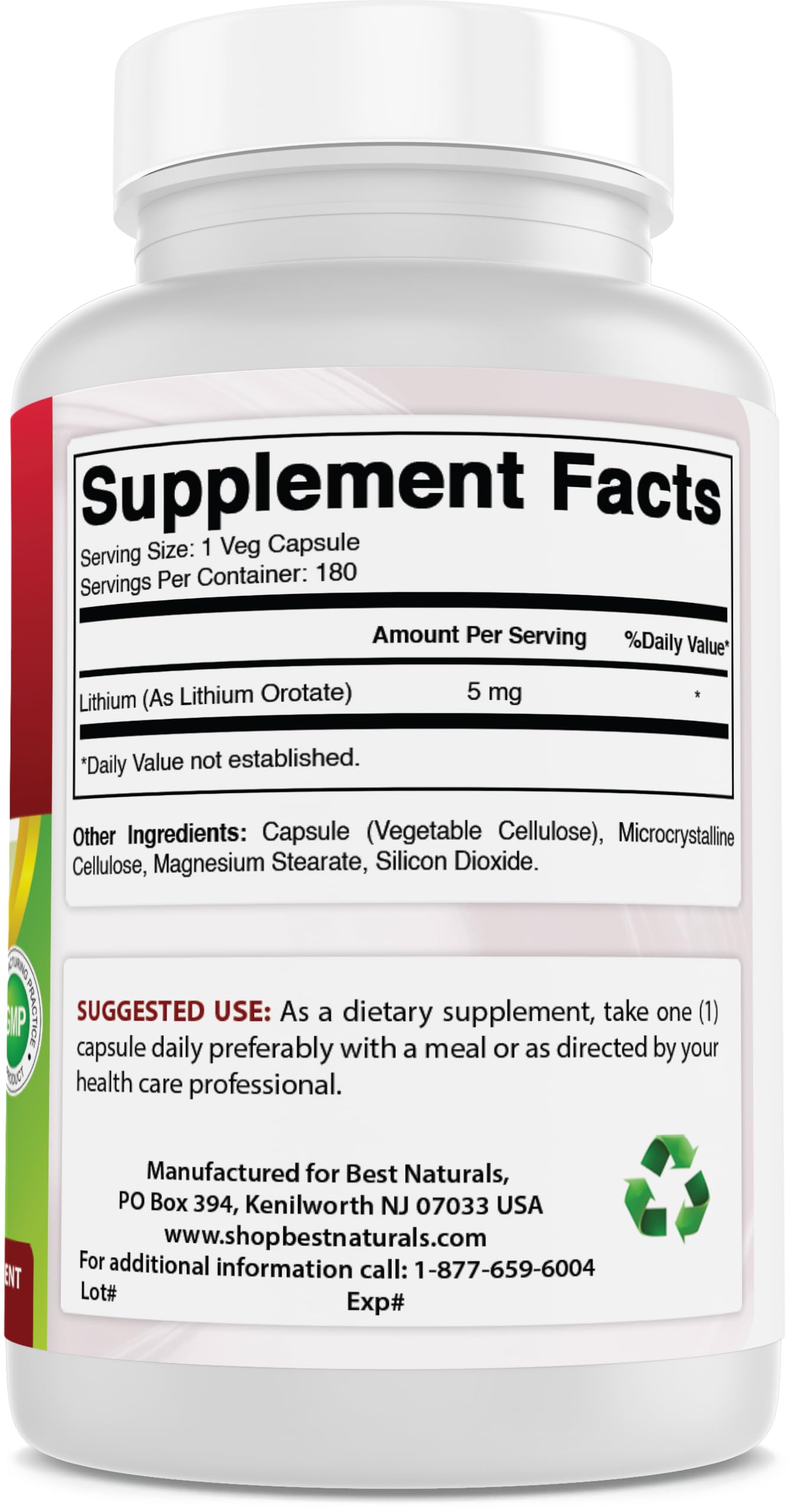 Best Naturals Lithium Orotate 5 mg Capsule, 180 Count