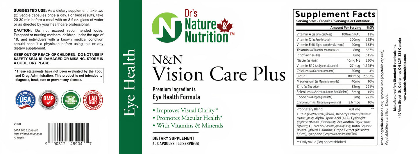 Dr's Nature & Nutrition Vision Care Eye Vitamins & Eye Supplement with Lutein & Zeaxanthin for Macular Health & Blue Light Protection Capsules, 60 Count