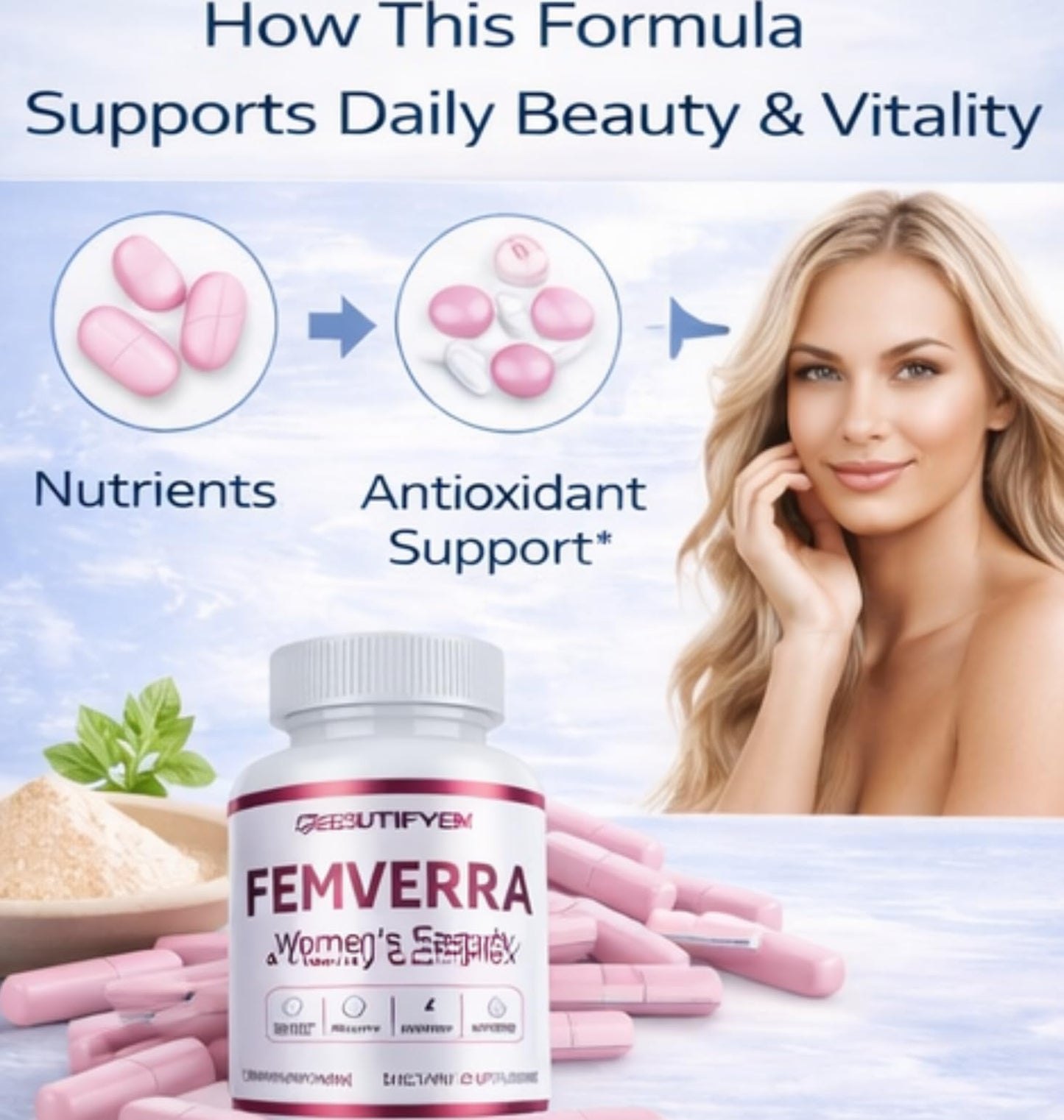 BEAUTIFYEM FEMVERRA Women 40+ Beauty & Anti-Aging Complex – Collagen, Vitamins, Amino & Herbal Extracts for Skin Elasticity, Hormone Balance, Curves & Energy – Support a Youthful Glow, Firm Curves & Vitality 120 Tablets