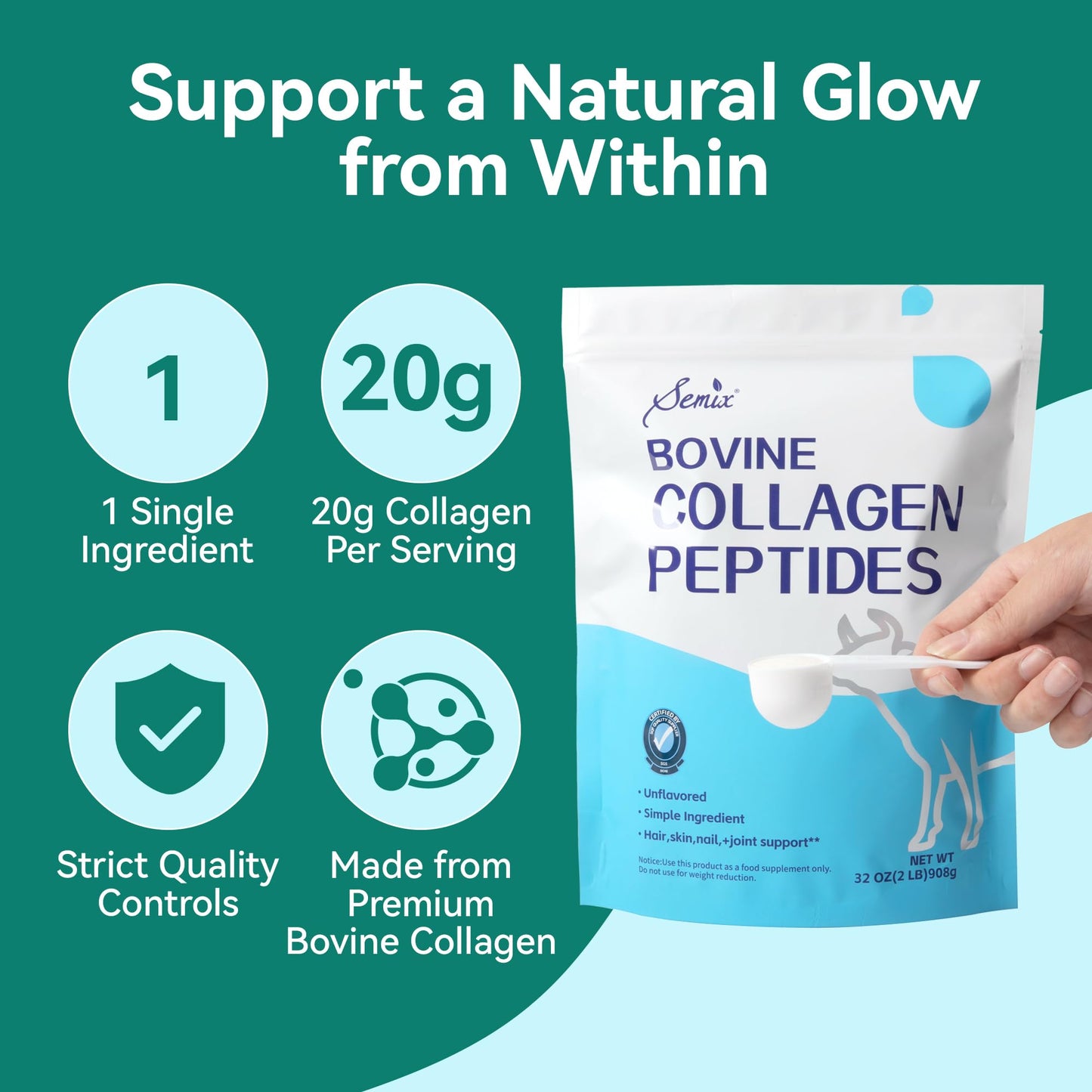 Semix Collagen Peptides Powder, Type I & III Hydrolyzed Bovine Collagen Protein, Unflavored, 16 oz