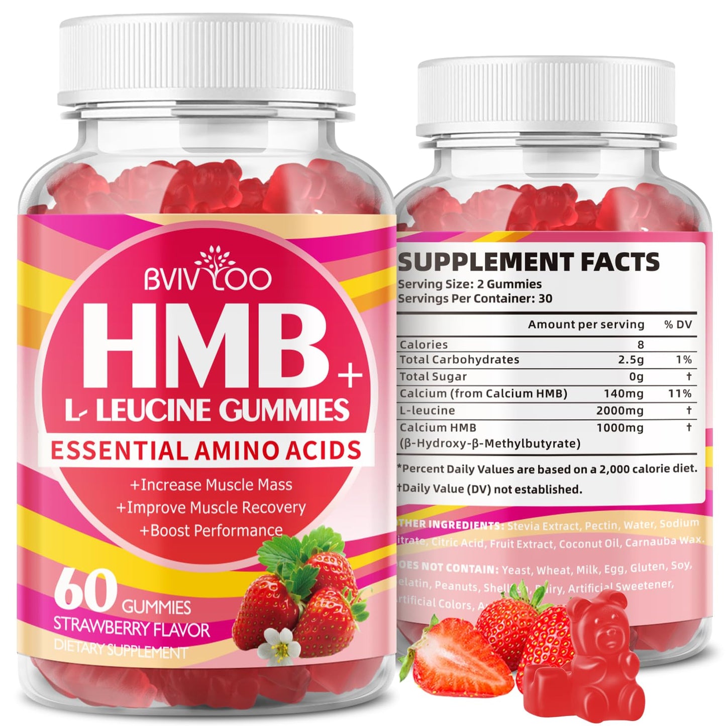 BVIVLOO HMB and L-Leucine Gummies - 3000mg Combined HMB & L-Leucine per Serving, Sugar-Free, Strawberry, 60 Gummies, 2-Pack