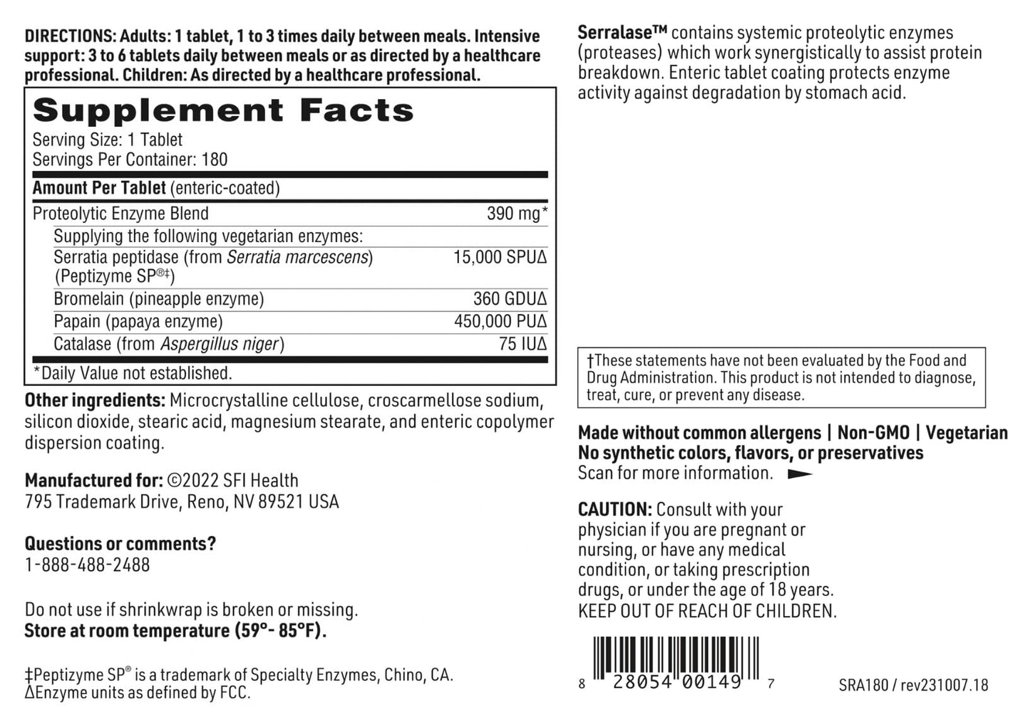 SFI Health Serralase Vegetarian Proteolytic Enzyme Blend with Serratia Peptidase & Bromelain for Digestion, Sourced from Papaya & Pineapple, Hypoallergenic Enteric Coated Tablets, 180 Tablets
