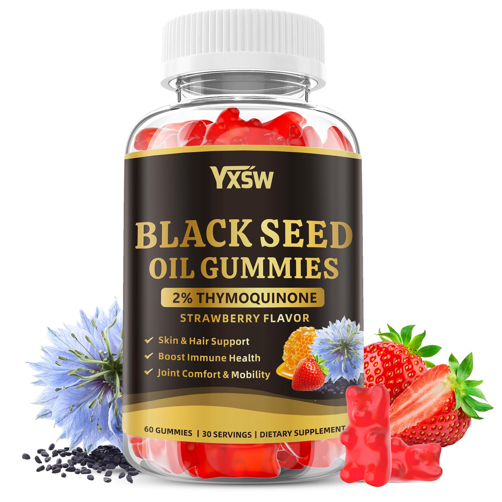 YXSW Black Seed Oil Gummies 500mg with Honey and 2% Thymoquinone, Nigella Sativa Seeds, 60 Count