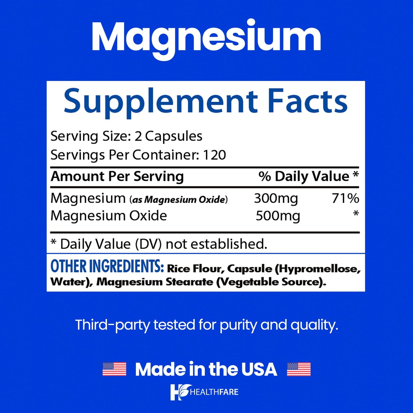 Healthfare Magnesium 500mg Capsules 240 Count