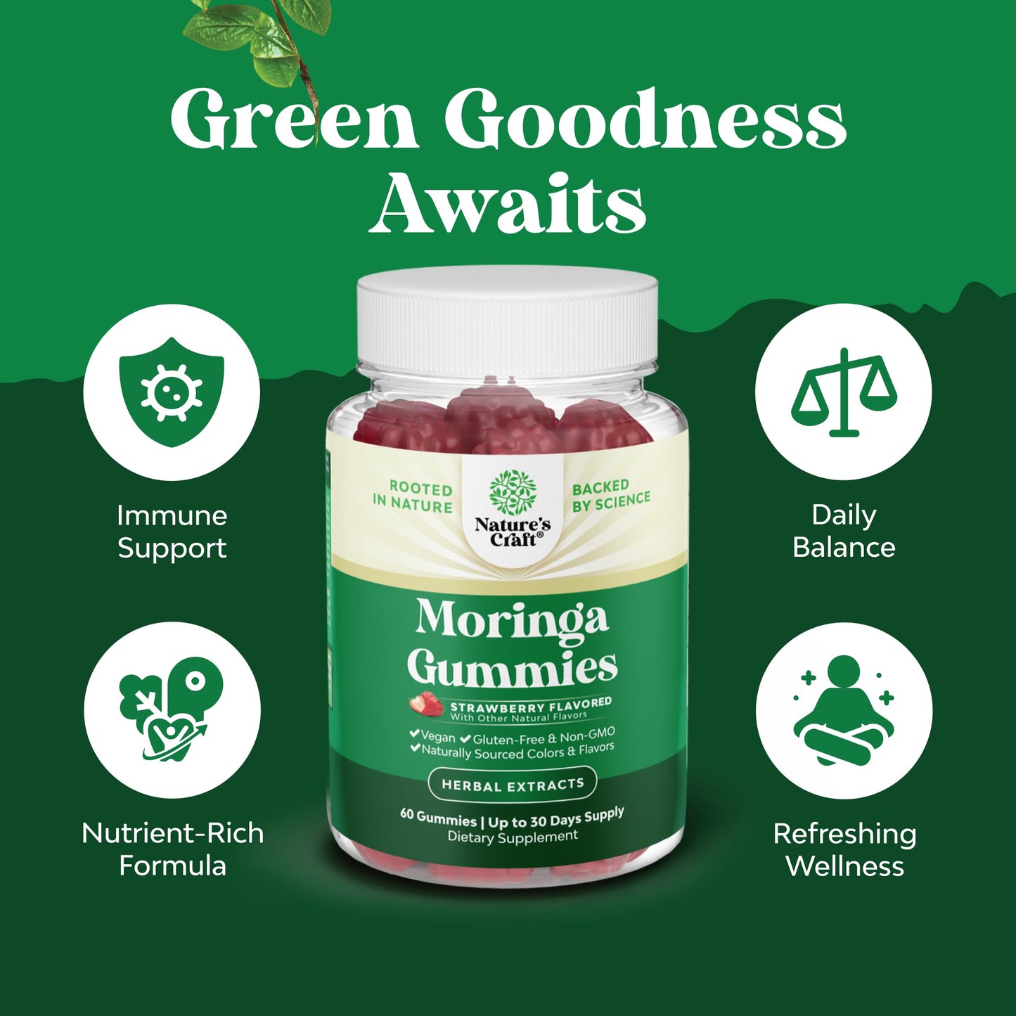 Natures Craft Extra Strength Moringa Gummies for Women Gummy, 120 Count