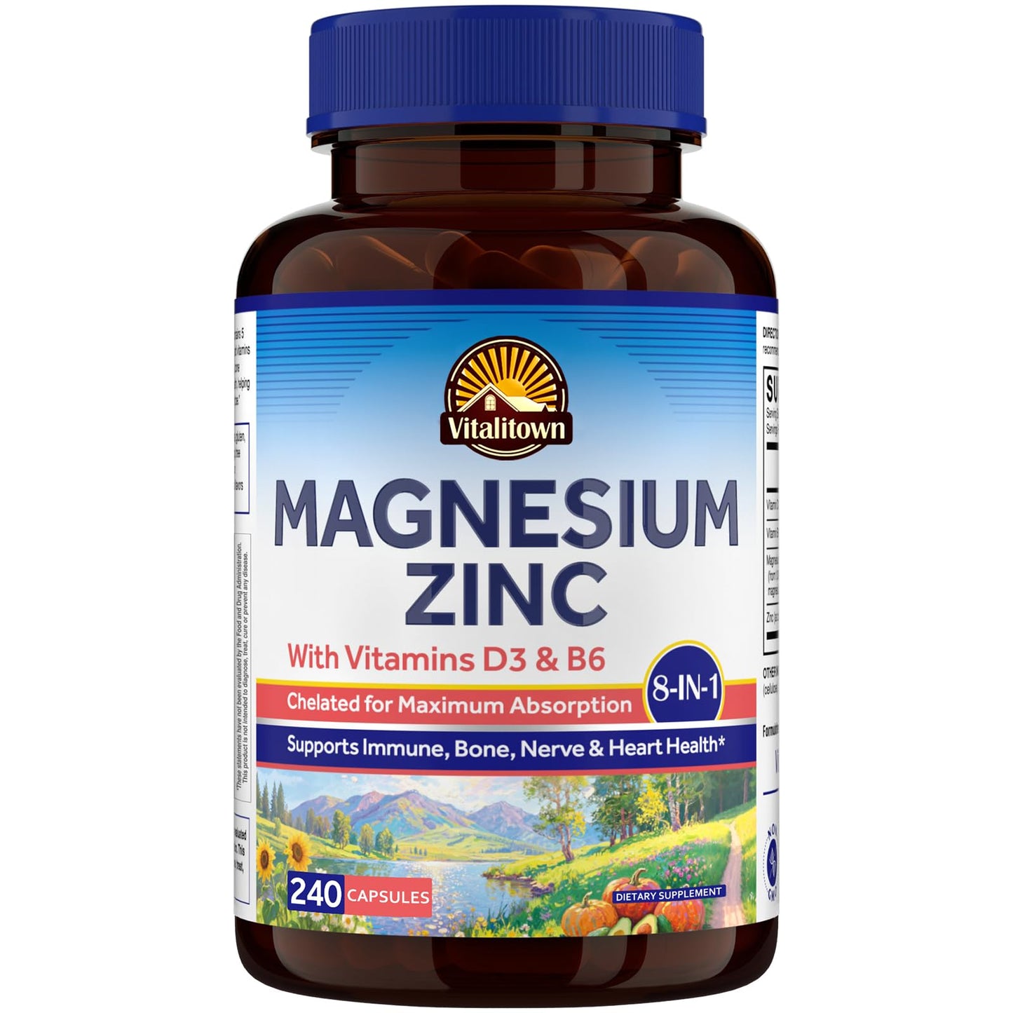 Vitalitown Magnesium Zinc with Vitamins D3 & B6, Chelated Magnesium Glycinate, Malate, Citrate, Aspartate, Gluconate, High Absorption, Immune, Bone, Sleep, Nerve & Heart Health, 240 Capsules