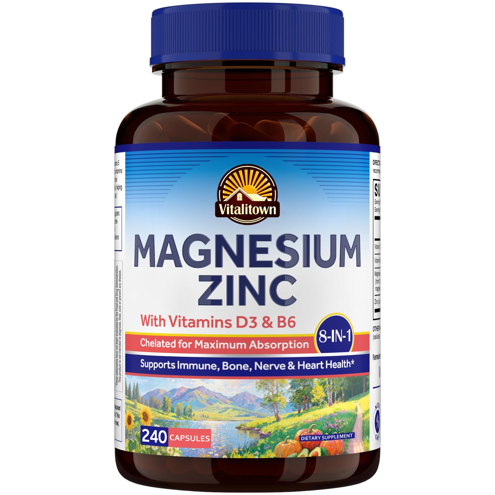 Vitalitown Magnesium Zinc with Vitamins D3 & B6, Chelated Magnesium Glycinate, Malate, Citrate, Aspartate, Gluconate, High Absorption, Immune, Bone, Sleep, Nerve & Heart Health, 240 Capsules