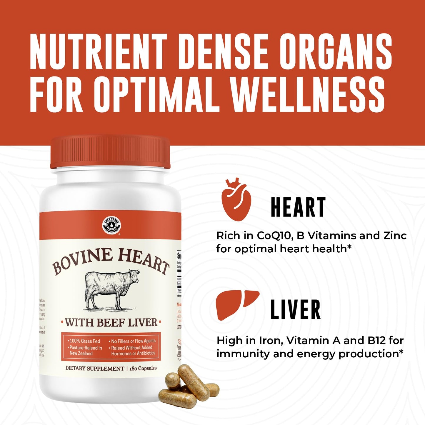 Left Coast Performance Grass Fed Beef Heart and Liver Supplement Capsules, 180 Capsules