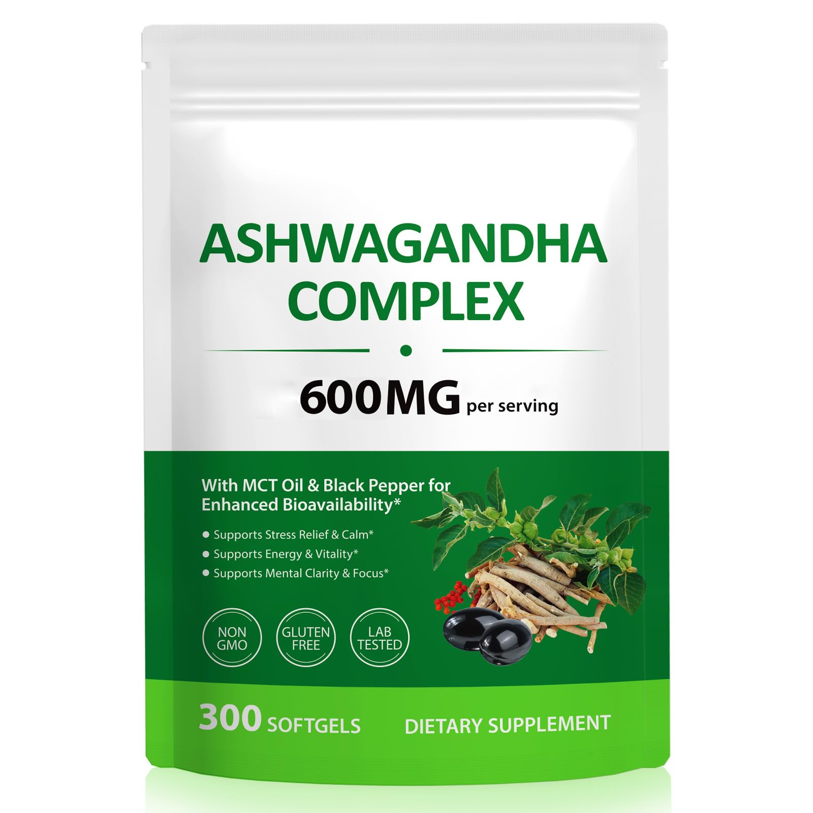 SBHEANGBA Ashwagandha Extract Complex Softgels 600mg, 300 Count