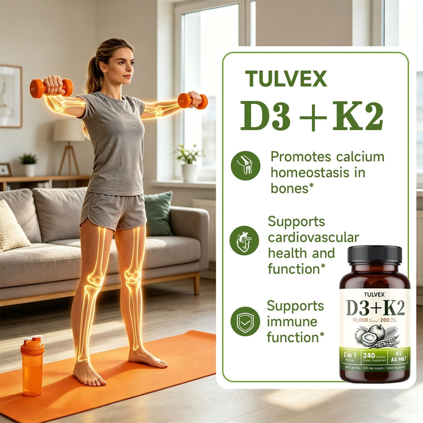 Tulvex Vitamin D3 K2 Capsule 10,000 IU + 200 mcg MK-7, 240 Capsules