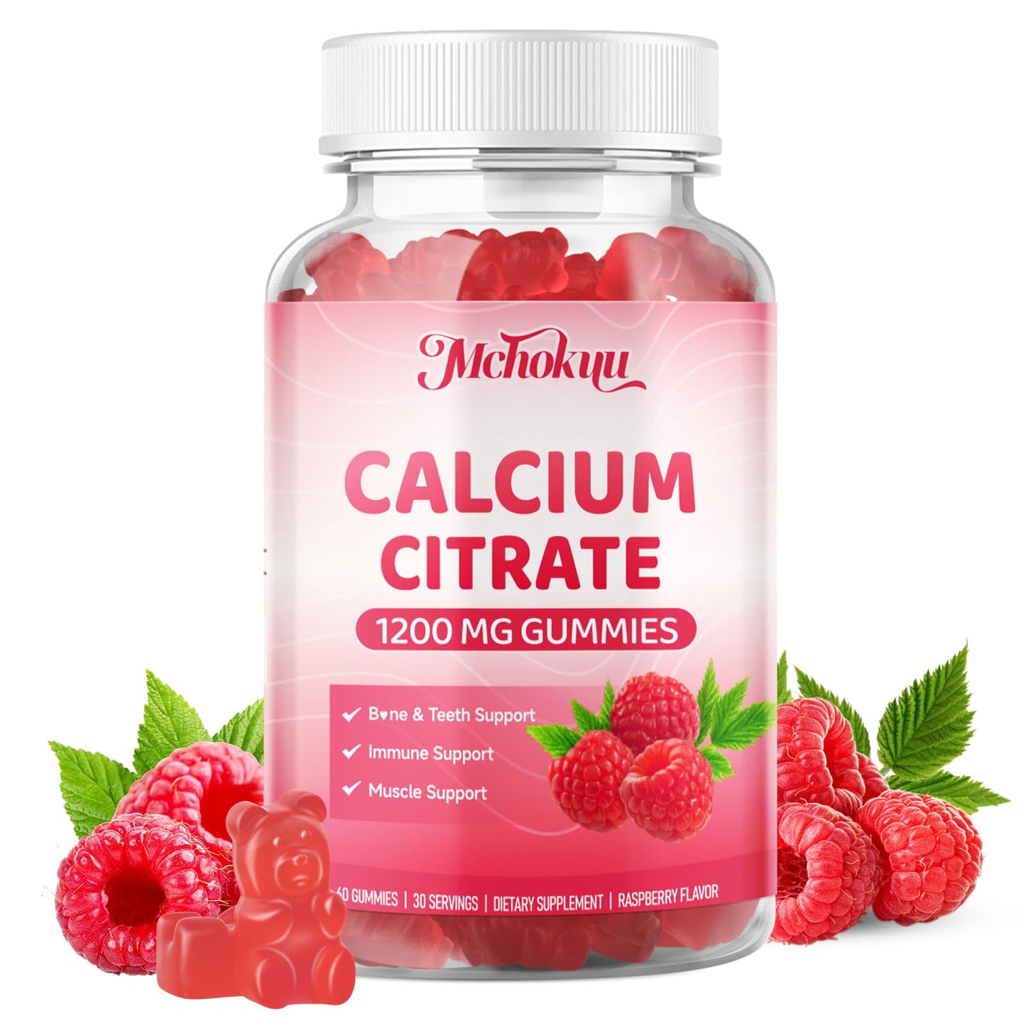Mchokuu Calcium Citrate Gummies 1200mg Chewable Calcium Supplement for Women & Men, Supports Bone, Muscle & Immune Health, Sugar-Free, Non-GMO, Gluten-Free, Natural Raspberry Flavor, 60 Gummies
