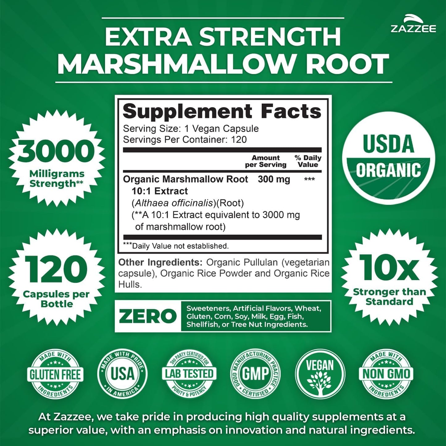 Zazzee Organic Digestive Comfort Support Bundle Marshmallow Root Capsules, 220 Count