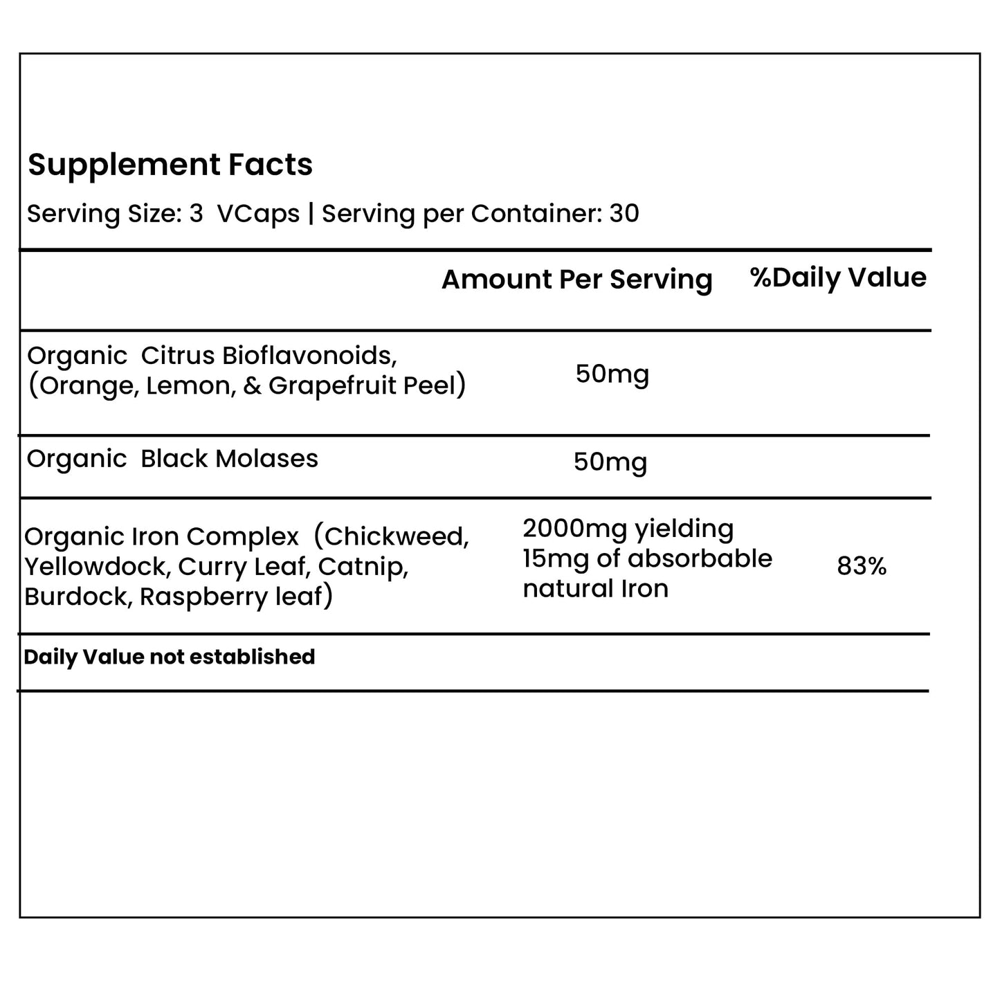Green Organic Supplements Iron Capsules 90 Count
