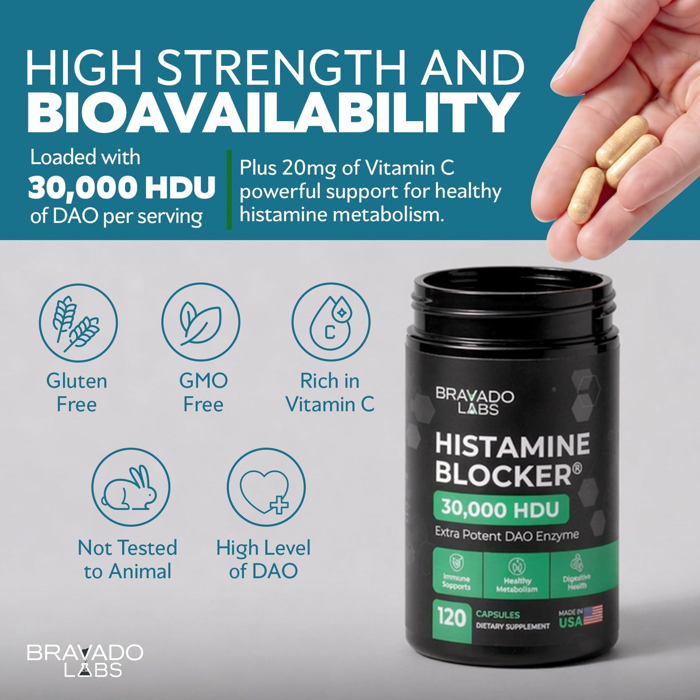 Bravado Labs DAO Supplements Histamine Blocker Extra Strength 30,000 HDU DAO Enzyme + Diamine Oxidase & Vitamin C for Daily Histamine Metabolism & Immune Support Capsules, 120 Count