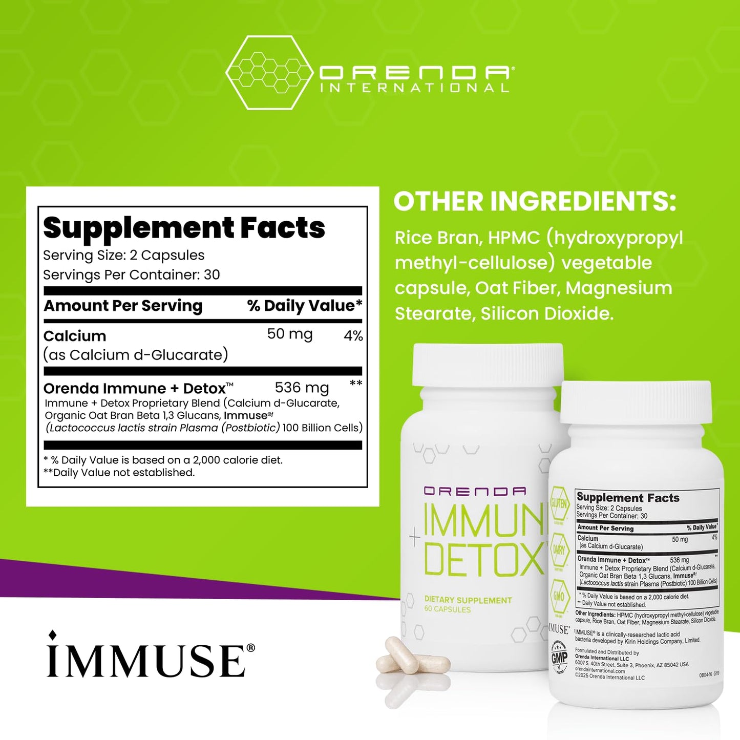 Orenda International Immune + Detox - Specialized Formula with Calcium d-Glucarate, Beta 1,3 Glucans & IMMUSE® Capsules, 60 Capsules