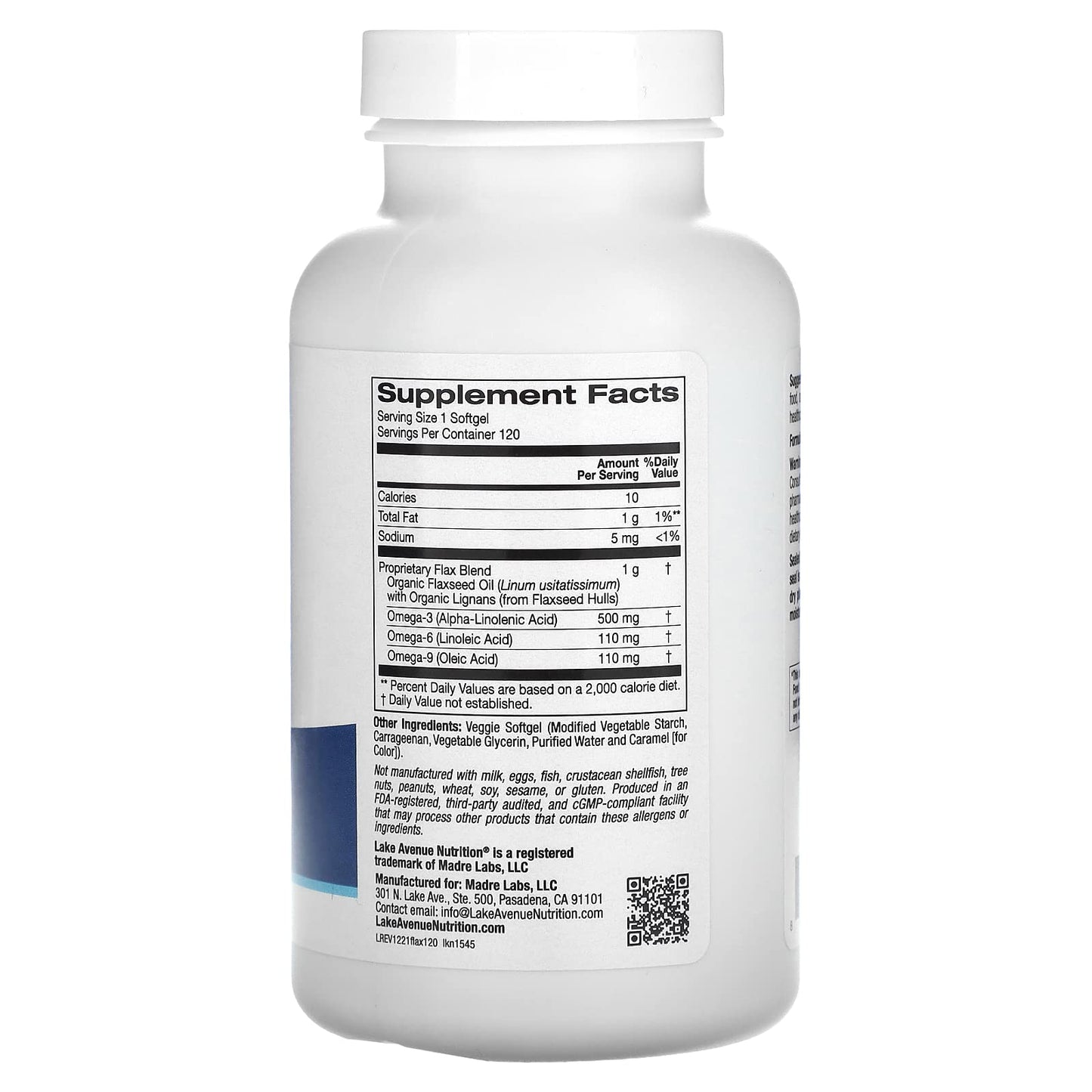 Lake Avenue Cold Pressed Flaxseed Oil with Lignans Softgels 120 Count