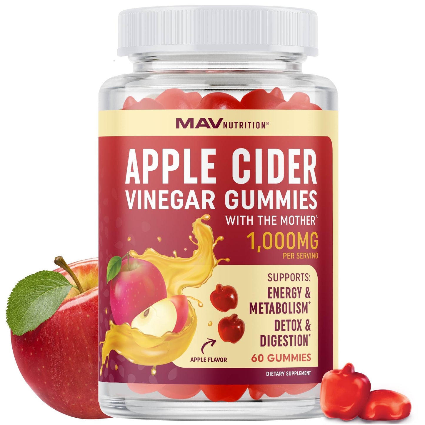 MAV NUTRITION Organic Apple Cider Vinegar Gummies, 1000mg ACV per Serving, With The Mother, Vitamin B6, B12 & Folate, Vegan, Gluten-Free, 60 Gummies