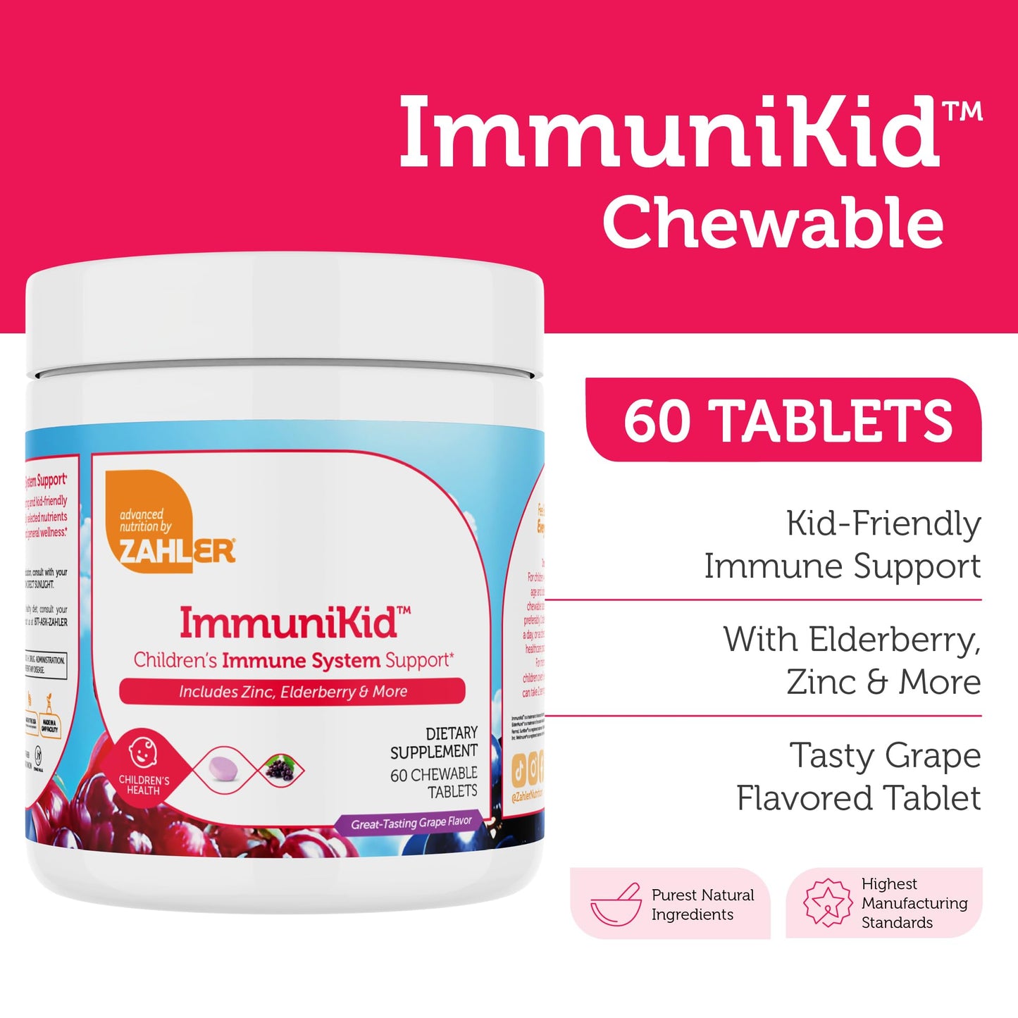 Zahler Kids Immune Support Supplement with Elderberry, Zinc and Vitamin C D3 A - Grape Flavored Chewable Tablets, 60 Tablets
