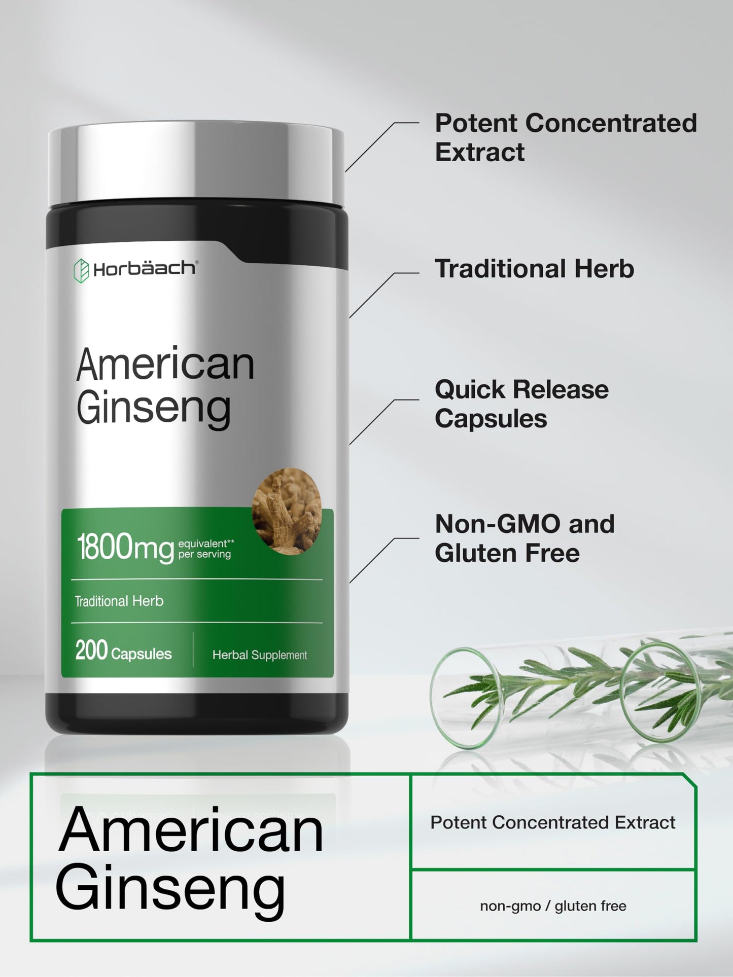 Horbäach American Ginseng Capsules, 200 Capsules