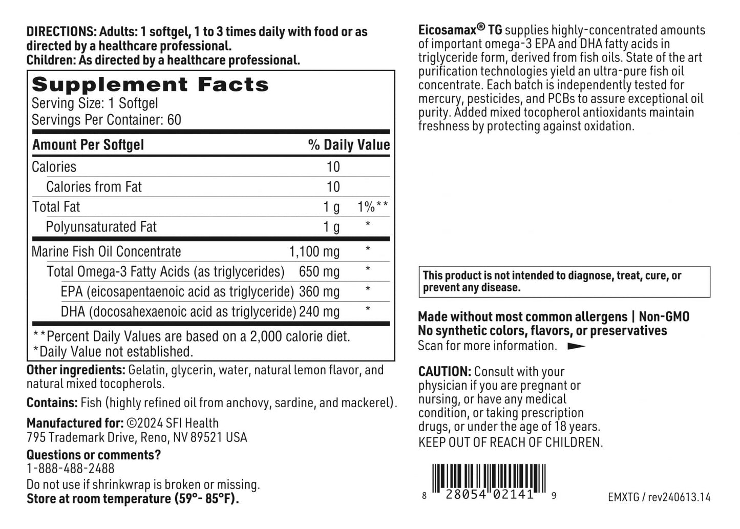 SFI Health Eicosamax TG Fish Oil Softgels, 60