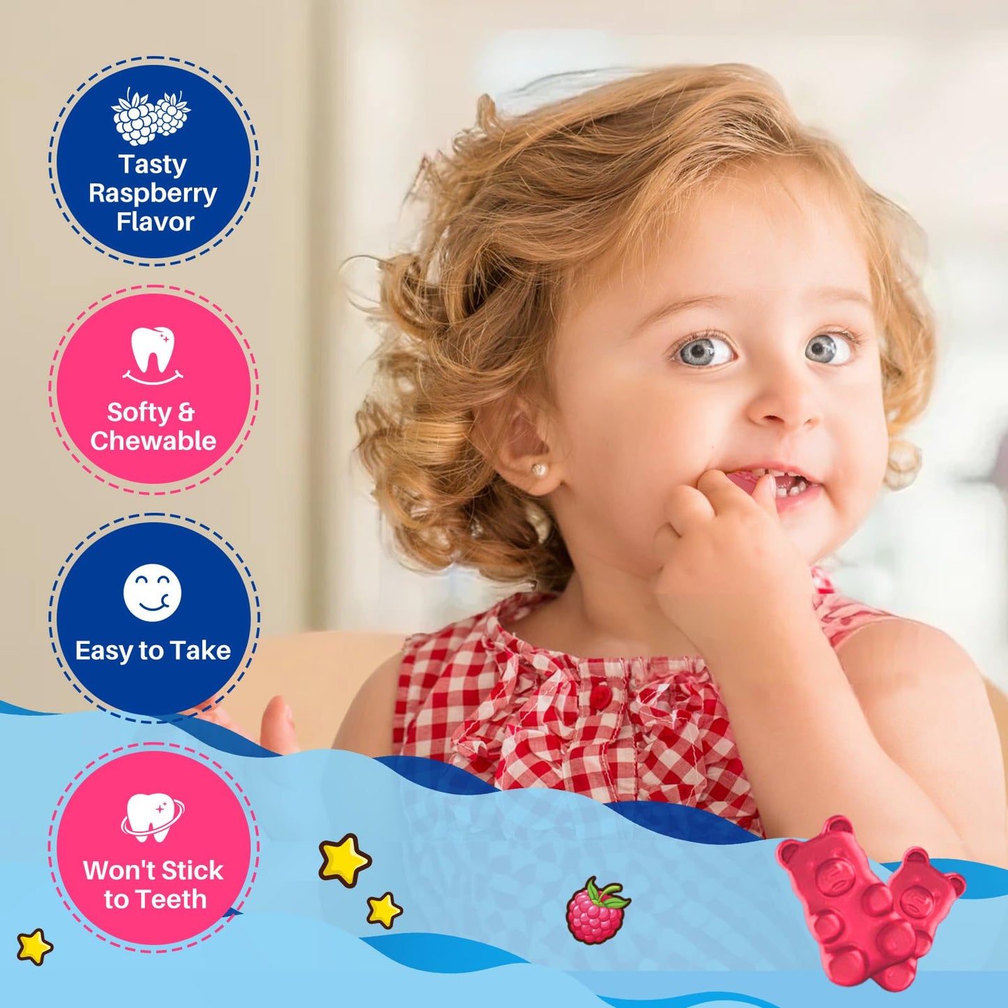 Hovika Magnesium Glycinate Gummies for Kids with L-Theanine, Omega-3, Vitamin B6, D3, Zinc - Sugar Free Raspberry, 60 Gummies