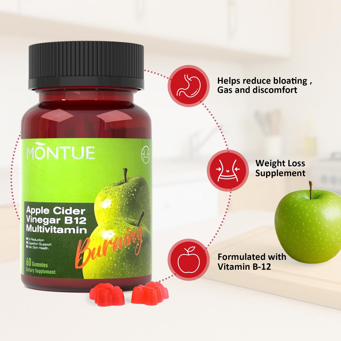 Montue Apple Cider Vinegar Gummies - B12 Multivitamin, 60 Gummies
