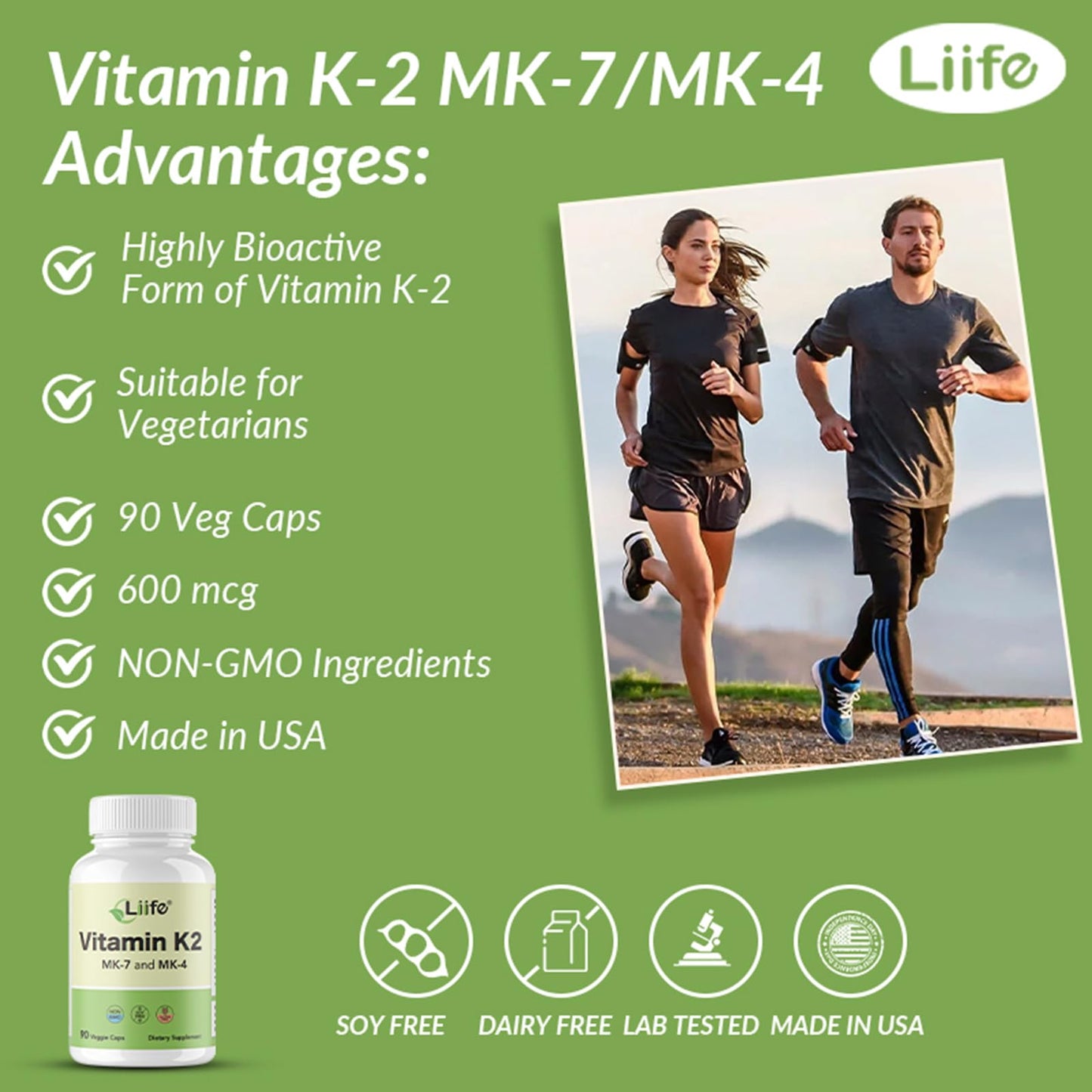 LIIFE Vitamin K2 600mcg Supplement with MK-7 100mcg & MK-4 500mcg Capsules, 90 Count