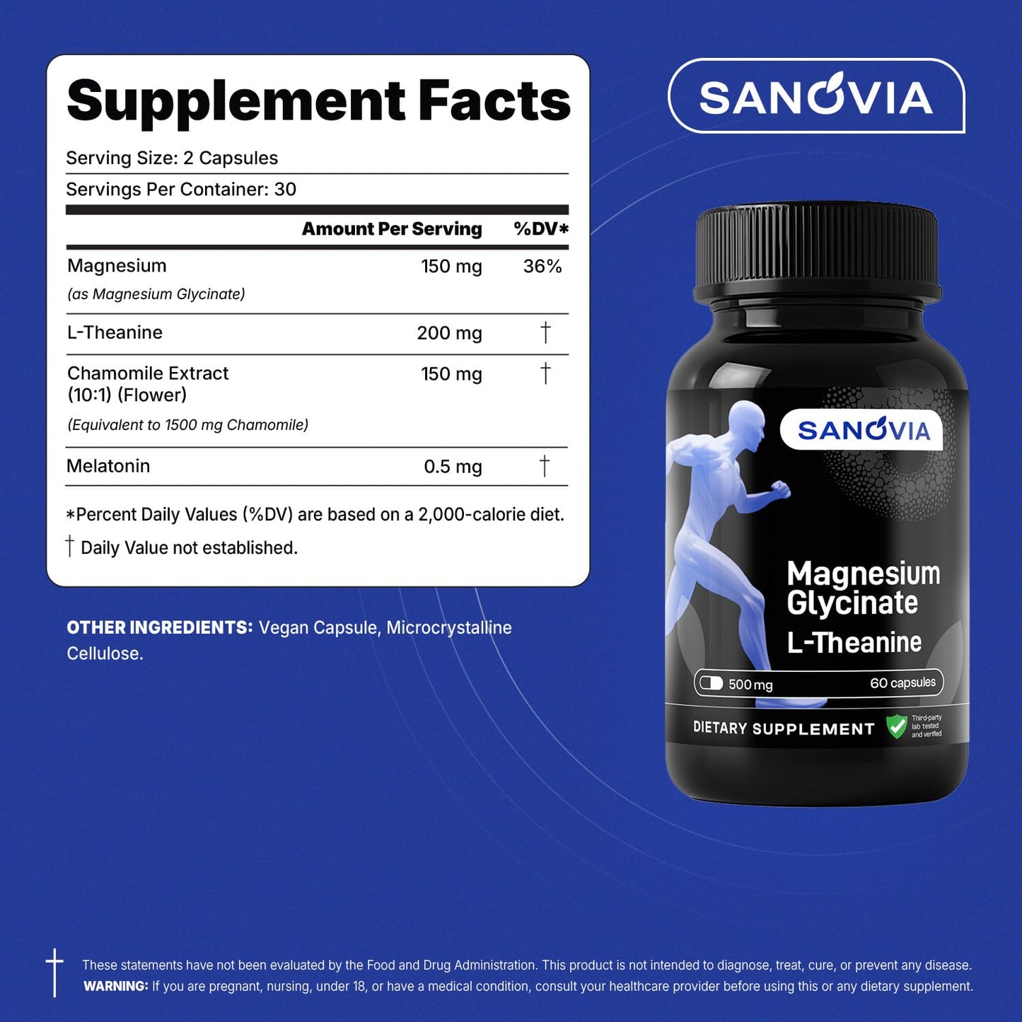 SANOVIA Magnesium Glycinate Sleep Support Supplement with L-Theanine, Chamomile & Melatonin, 60 Capsules