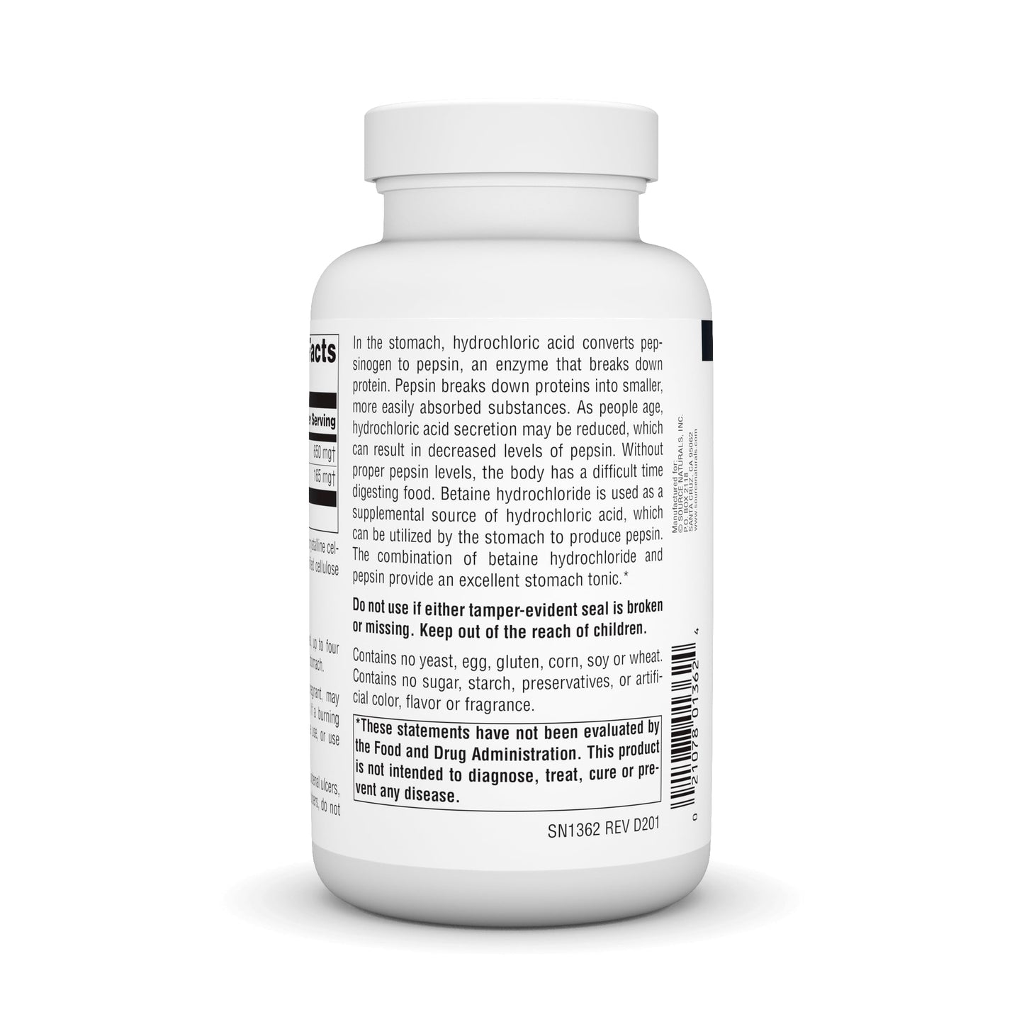 Source Naturals Betaine HCl Hydrochloric Acid Source 650 mg Tablet, 180 Tablets