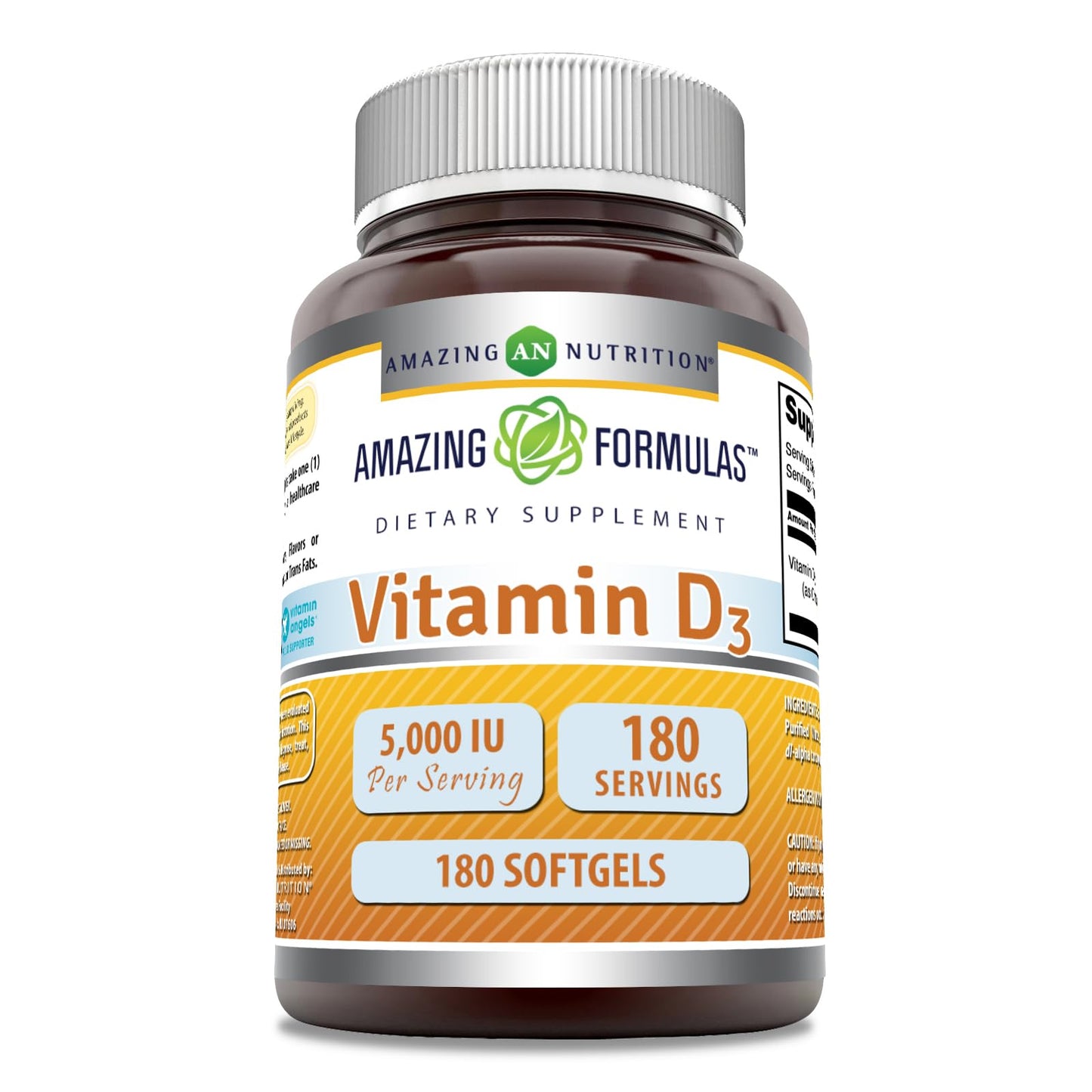 Amazing Nutrition Vitamin D3 (Cholecalciferol) Supplement Softgels 180 Count