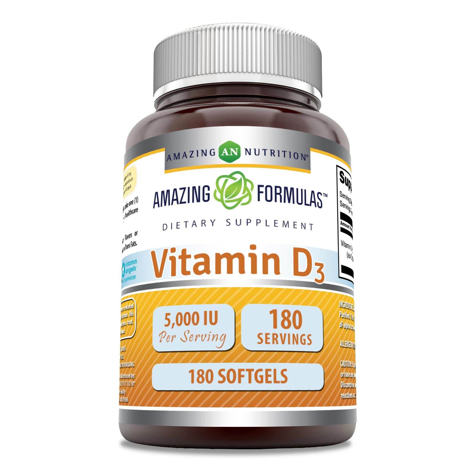 Amazing Nutrition Vitamin D3 (Cholecalciferol) Supplement Softgels 180 Count