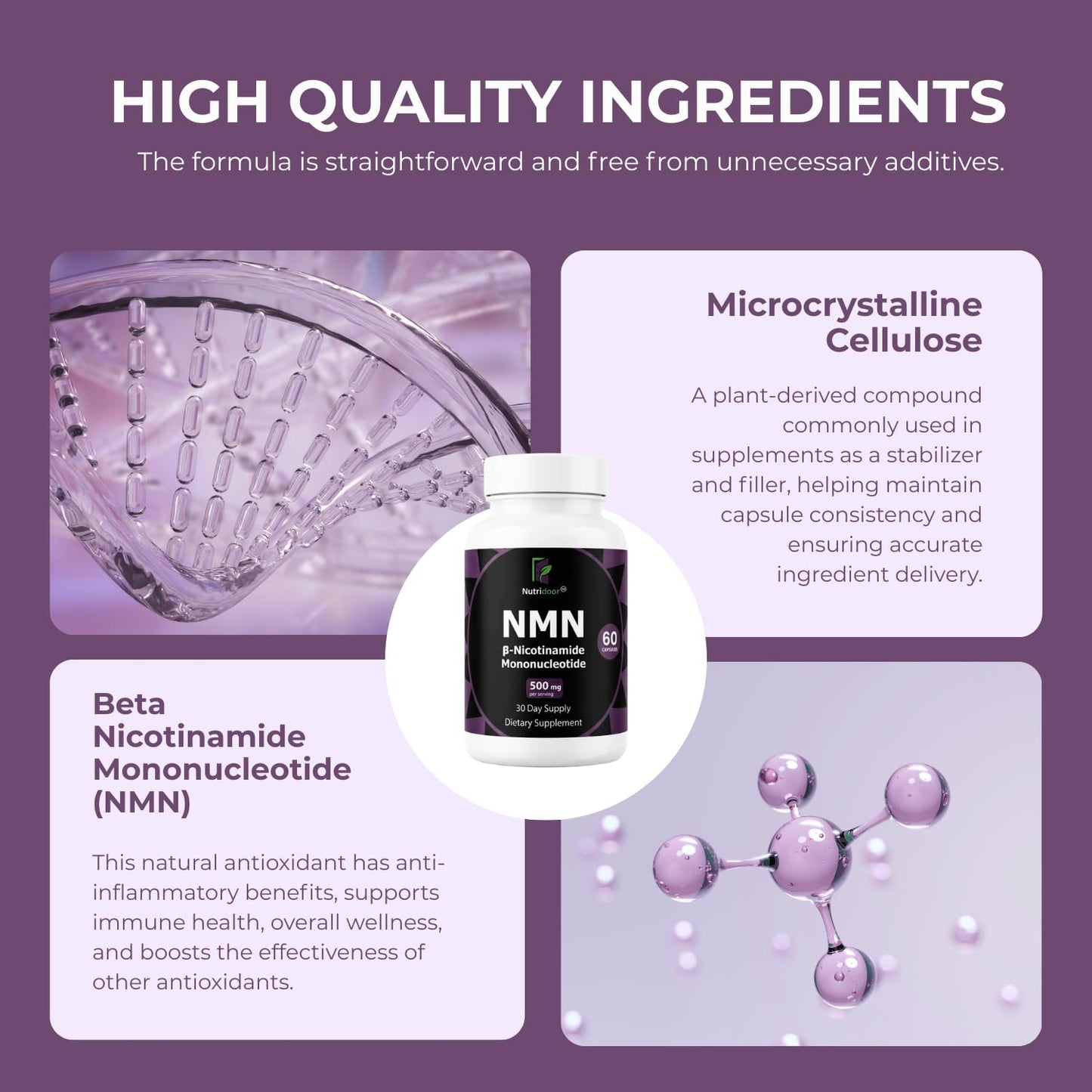 NUTRIDOOR NMN Supplement 500mg Nicotinamide Mononucleotide NAD+ Booster for Anti-Aging & Cellular Energy Capsule 60 Capsules