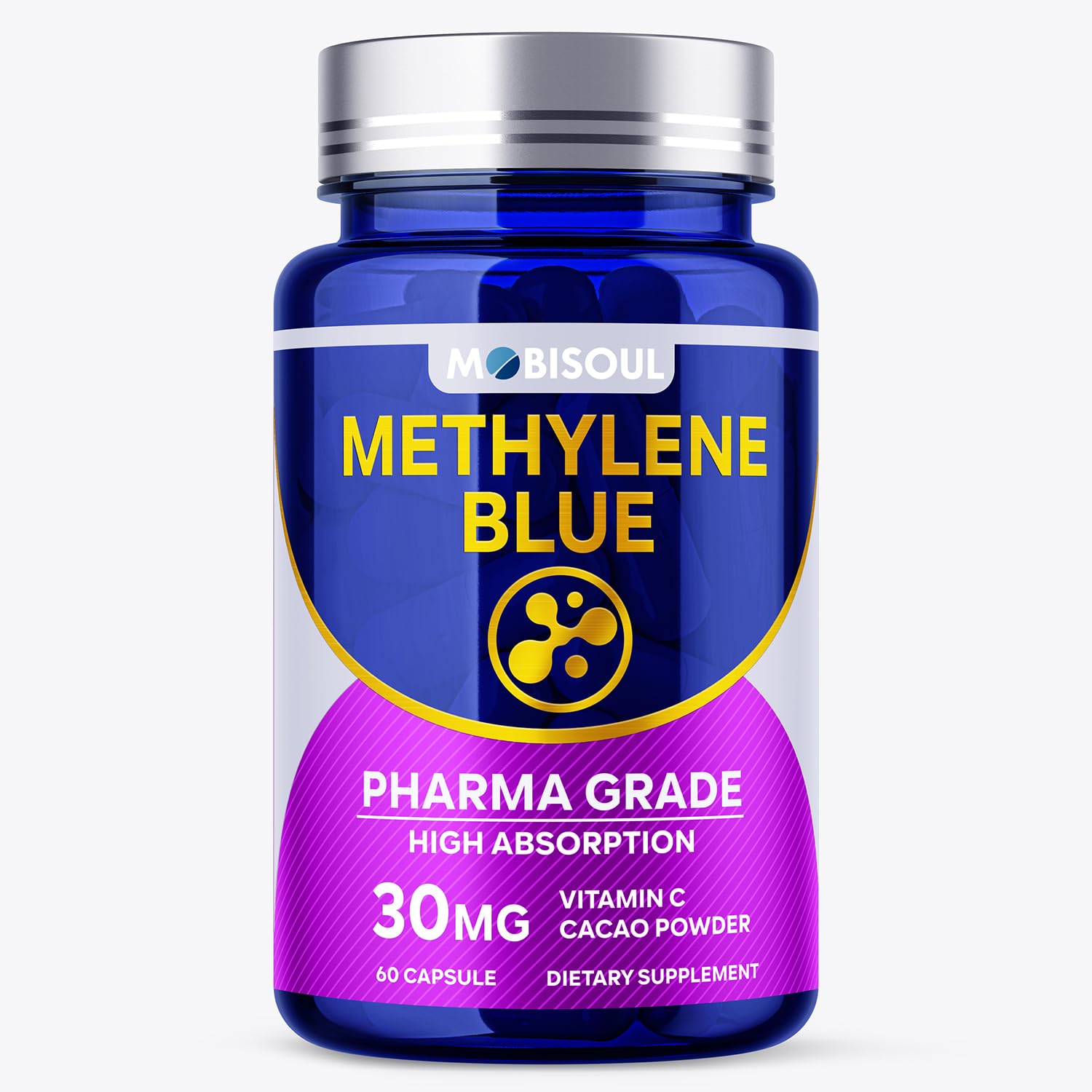 MOBISOUL Methylene Blue 30mg Capsules, USP Pharma Grade Methylene Blue Supplement with Vitamin C & Organic Cacao, High Absorption Support, 60 Capsules
