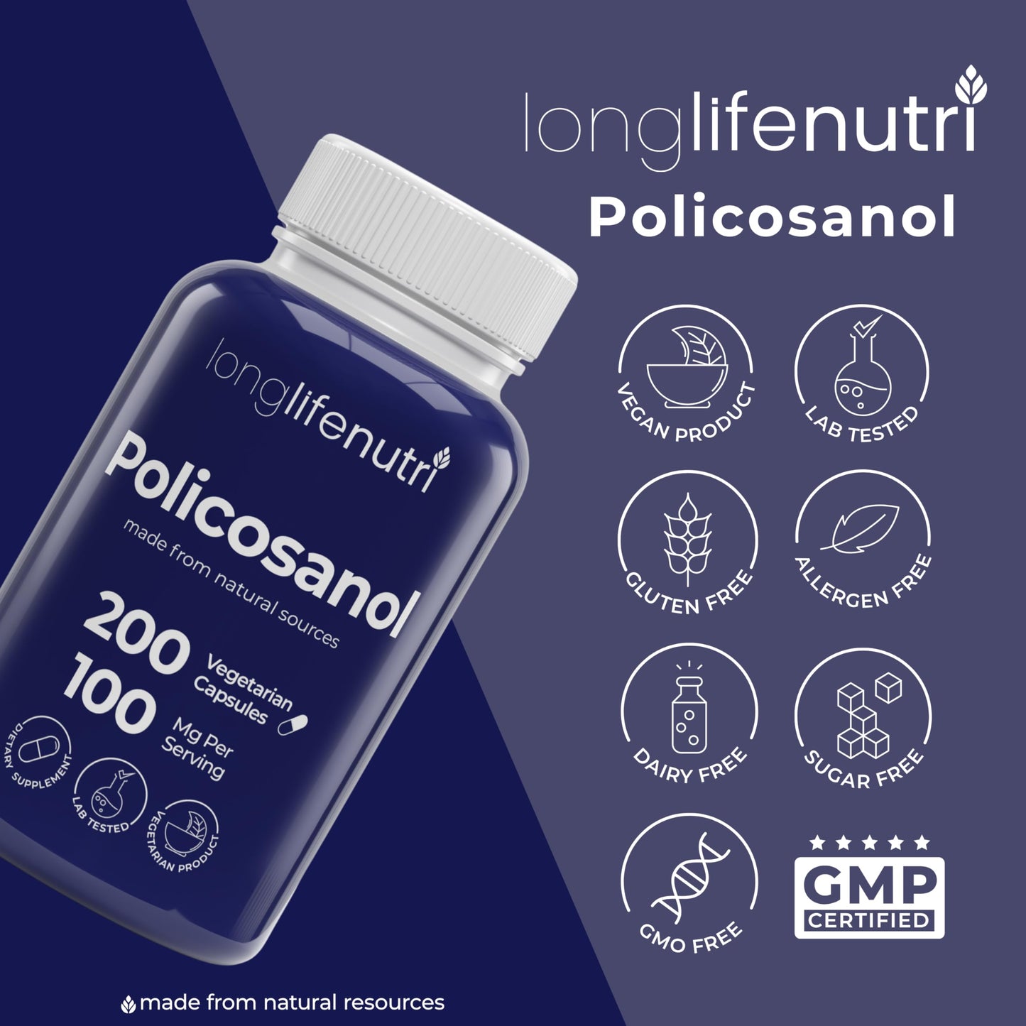 LongLifeNutri Policosanol 100mg Capsules, 200 Count